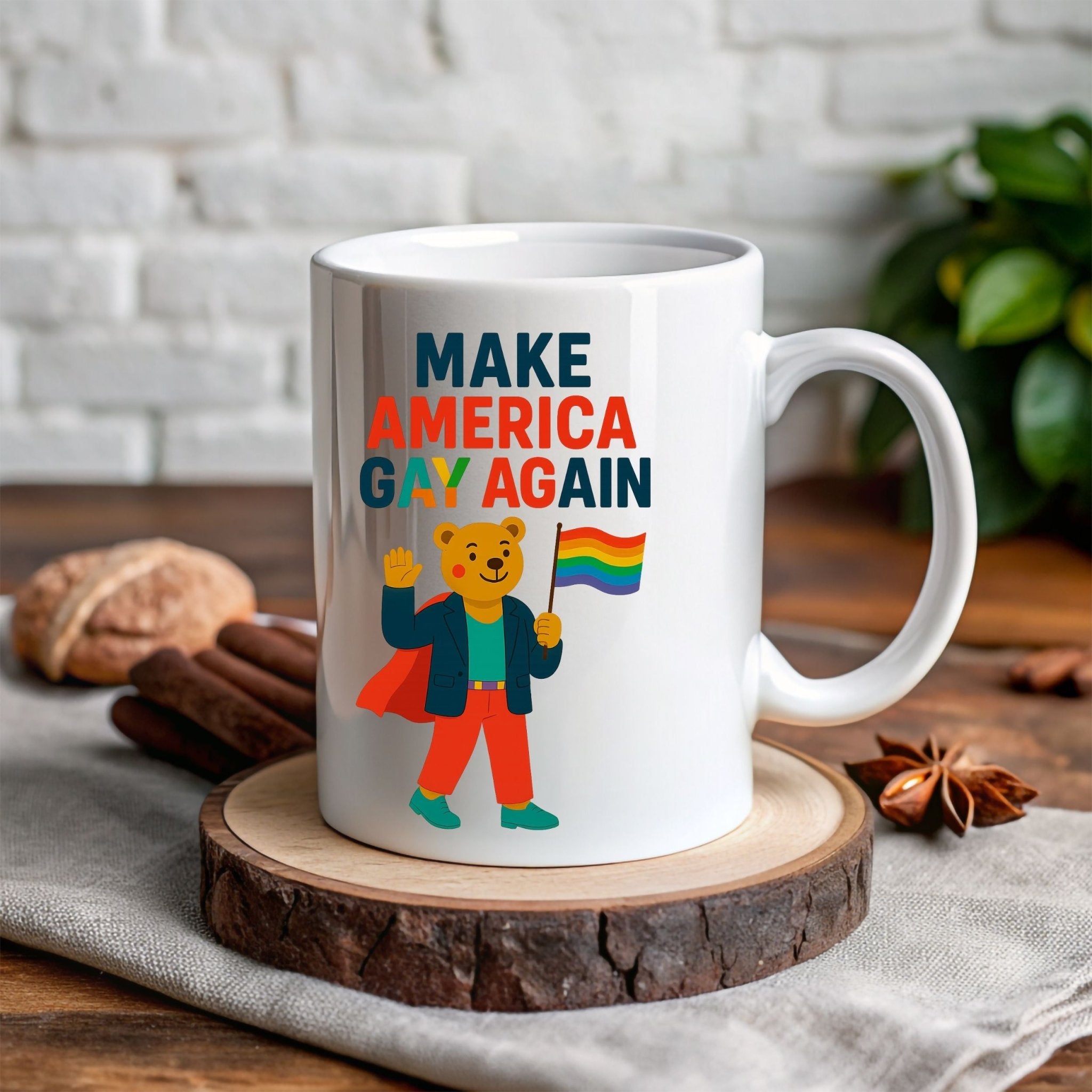 Make America Gay Again Mug, Funny Pride Coffee Cup, Embroidered Style Gay Bear Design, LGBTQ Gift for Him or Her - Craig Michael Design