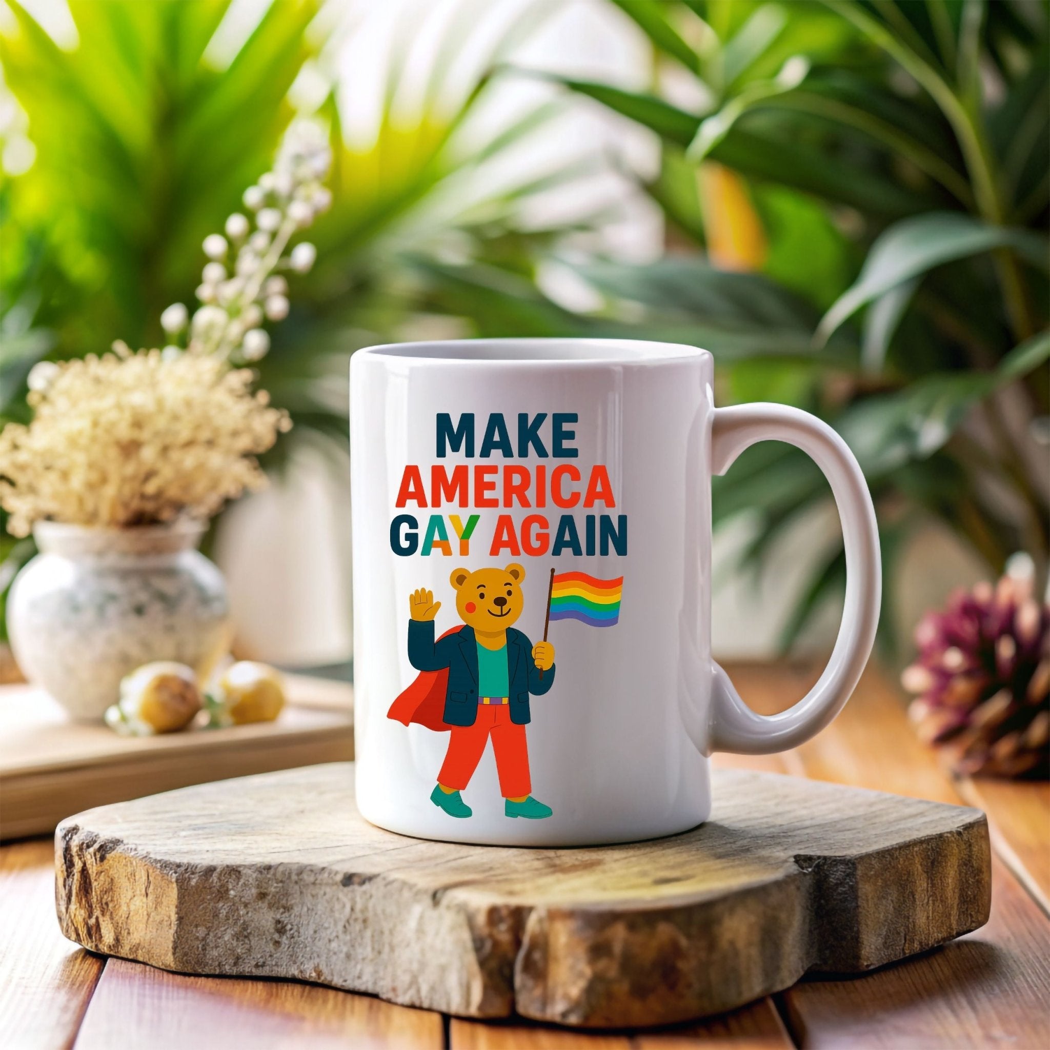 Make America Gay Again Mug, Funny Pride Coffee Cup, Embroidered Style Gay Bear Design, LGBTQ Gift for Him or Her - Craig Michael Design