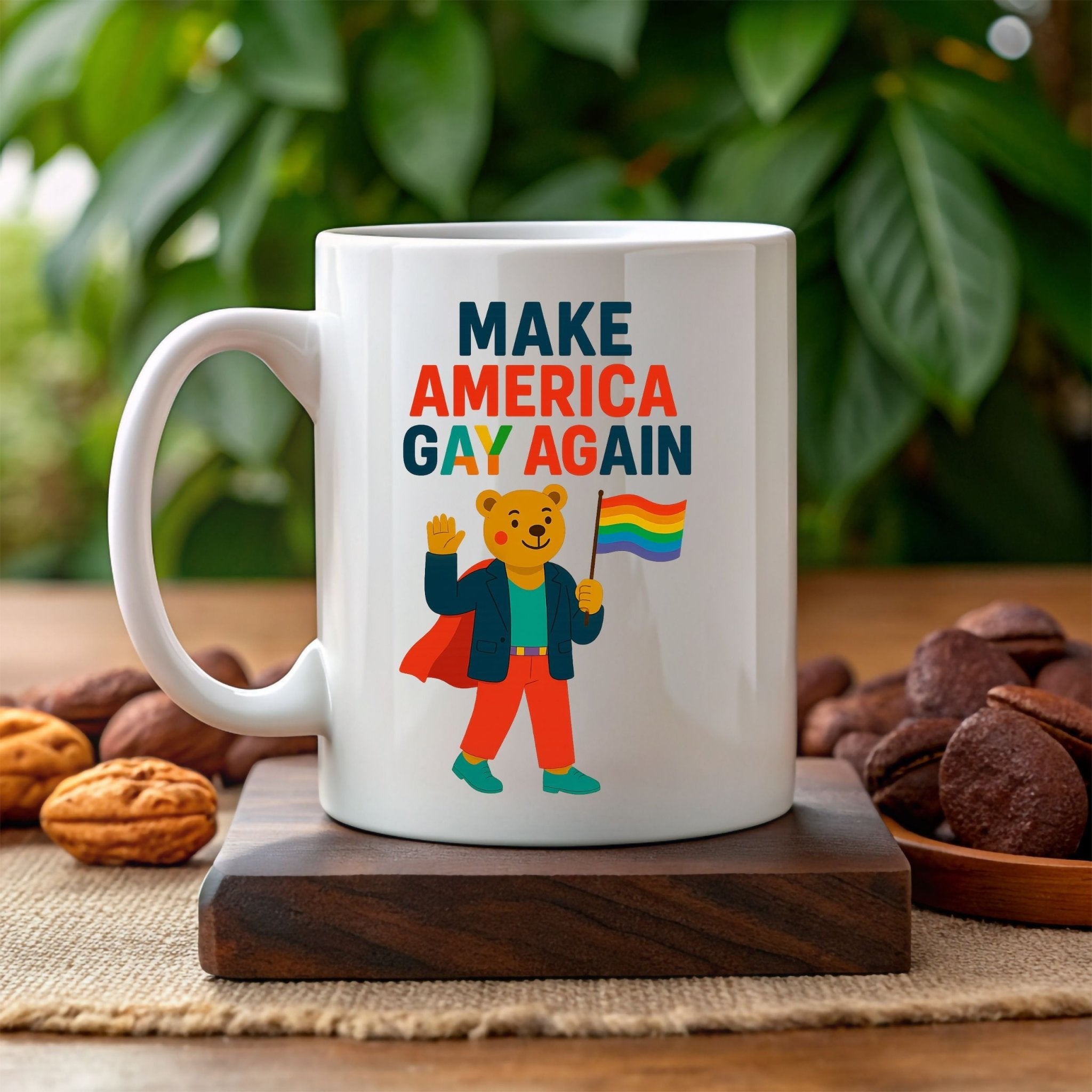 Make America Gay Again Mug, Funny Pride Coffee Cup, Embroidered Style Gay Bear Design, LGBTQ Gift for Him or Her - Craig Michael Design