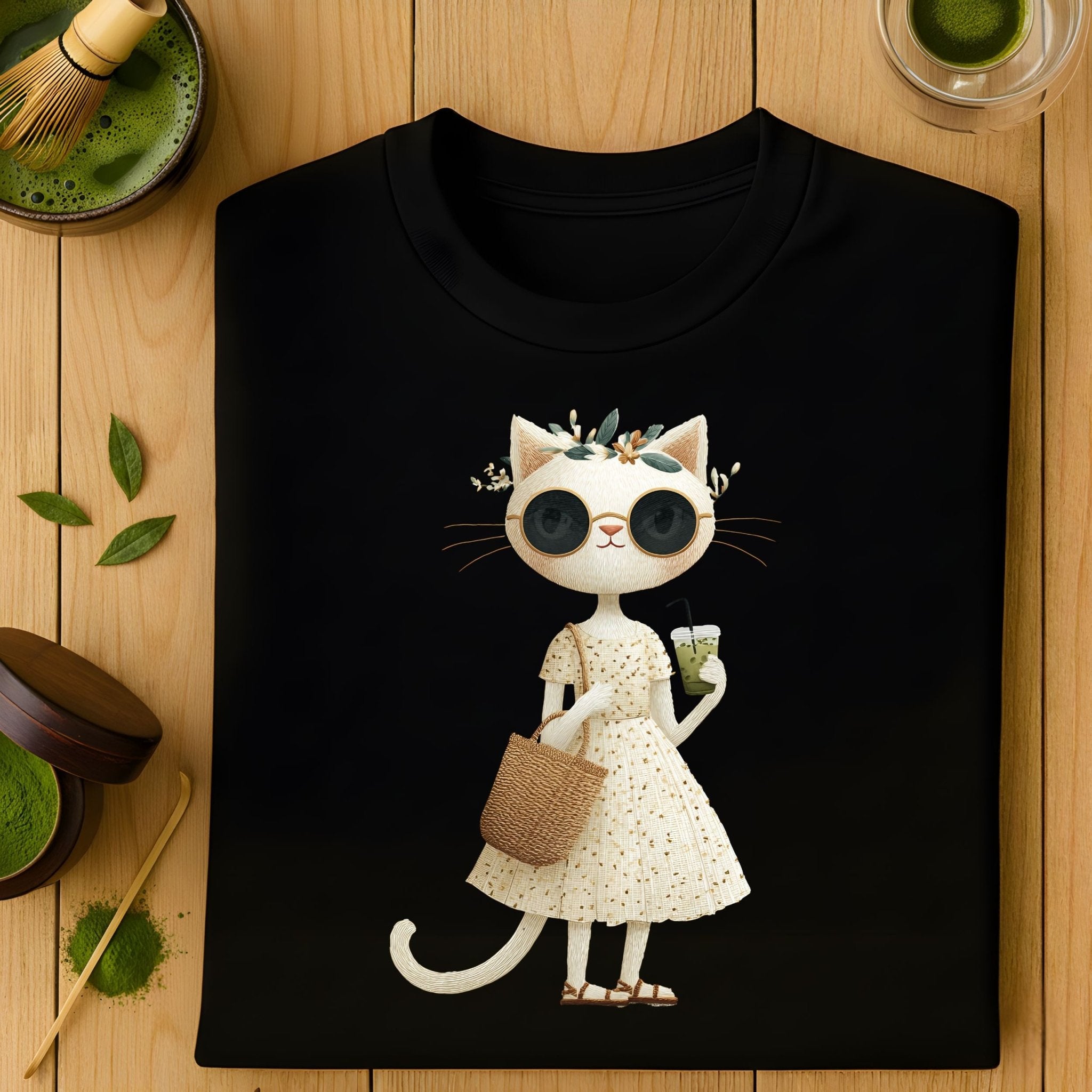 Matcha Floral Kitty T-Shirt – Embroidered Style - Craig Michael Design