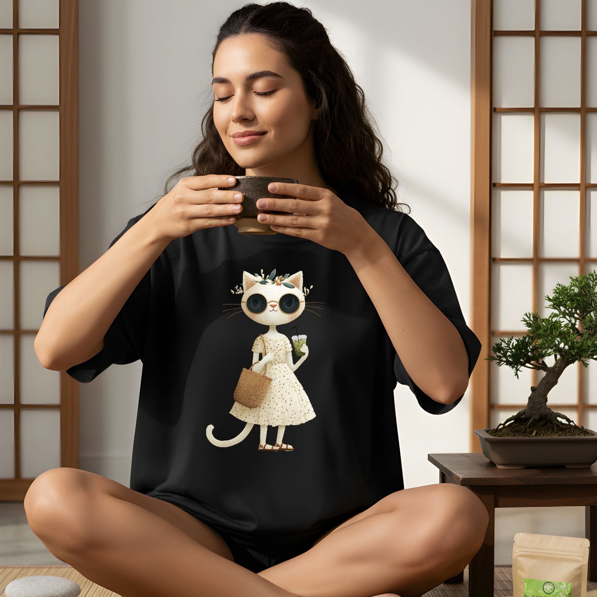 Matcha Floral Kitty T-Shirt – Embroidered Style - Craig Michael Design