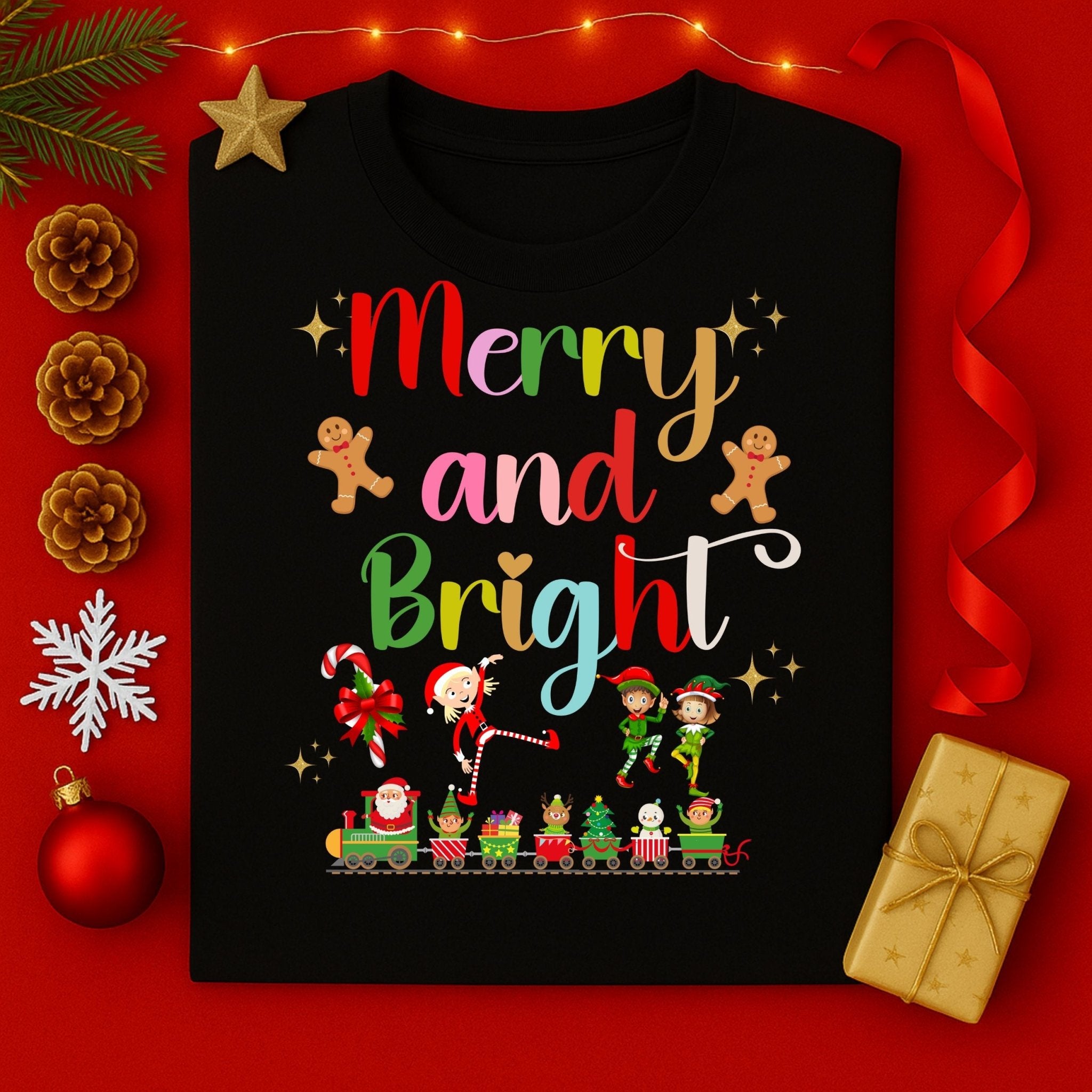 Merry and Bright Christmas T-Shirt, Colourful Holiday Tee - Craig Michael Design