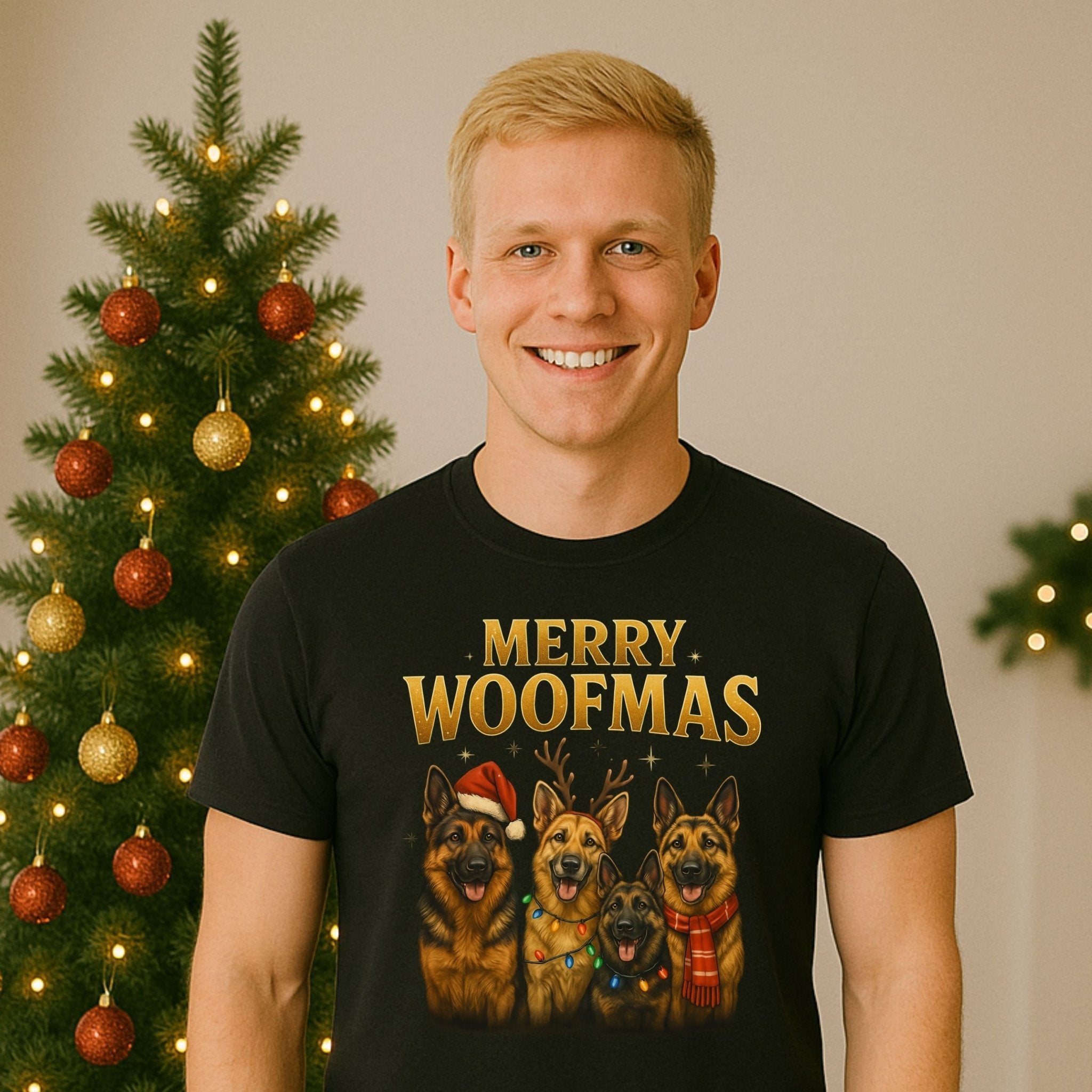 Merry Woofmas Dogs Illustration On Christmas T-Shirt - Craig Michael Design