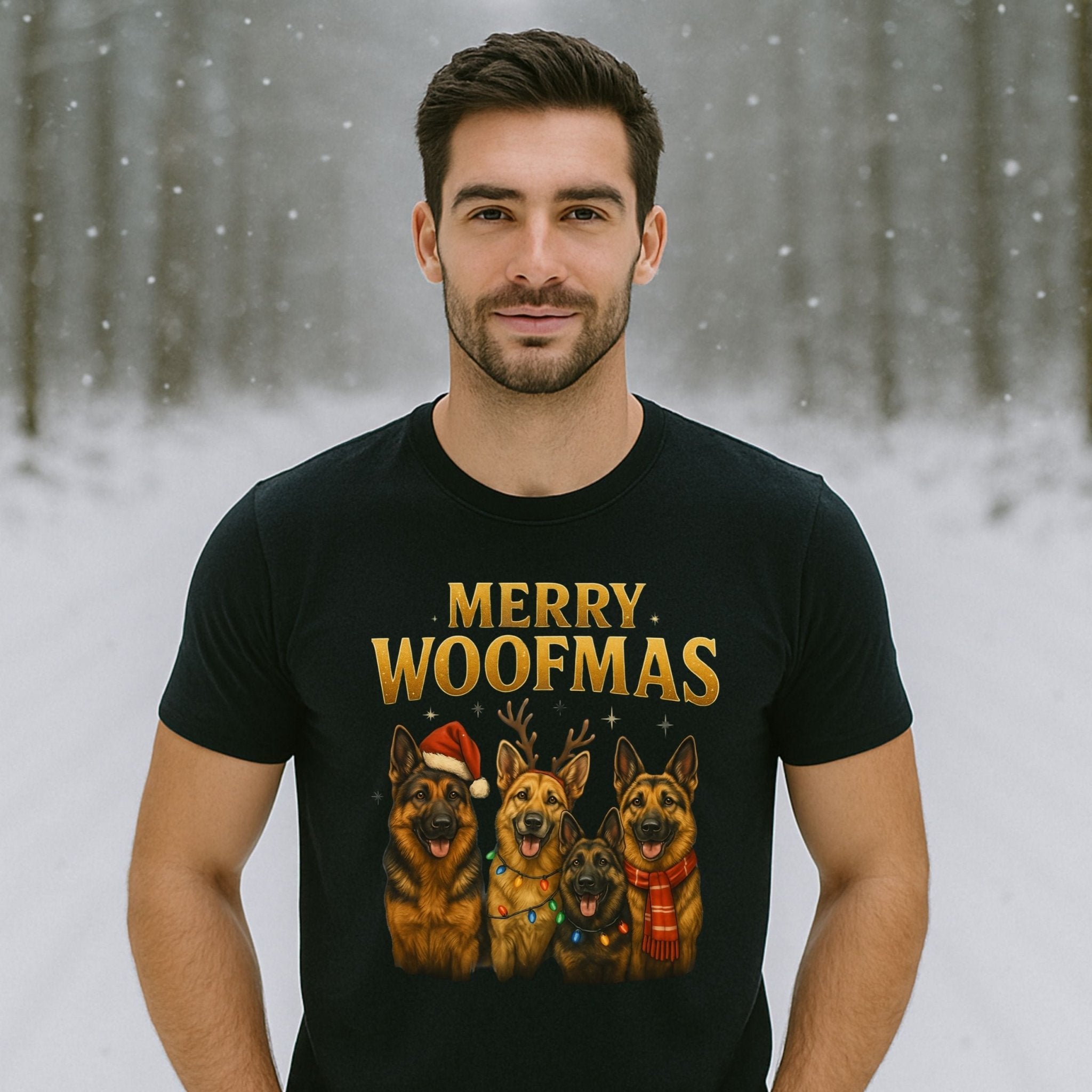 Merry Woofmas Dogs Illustration On Christmas T-Shirt - Craig Michael Design