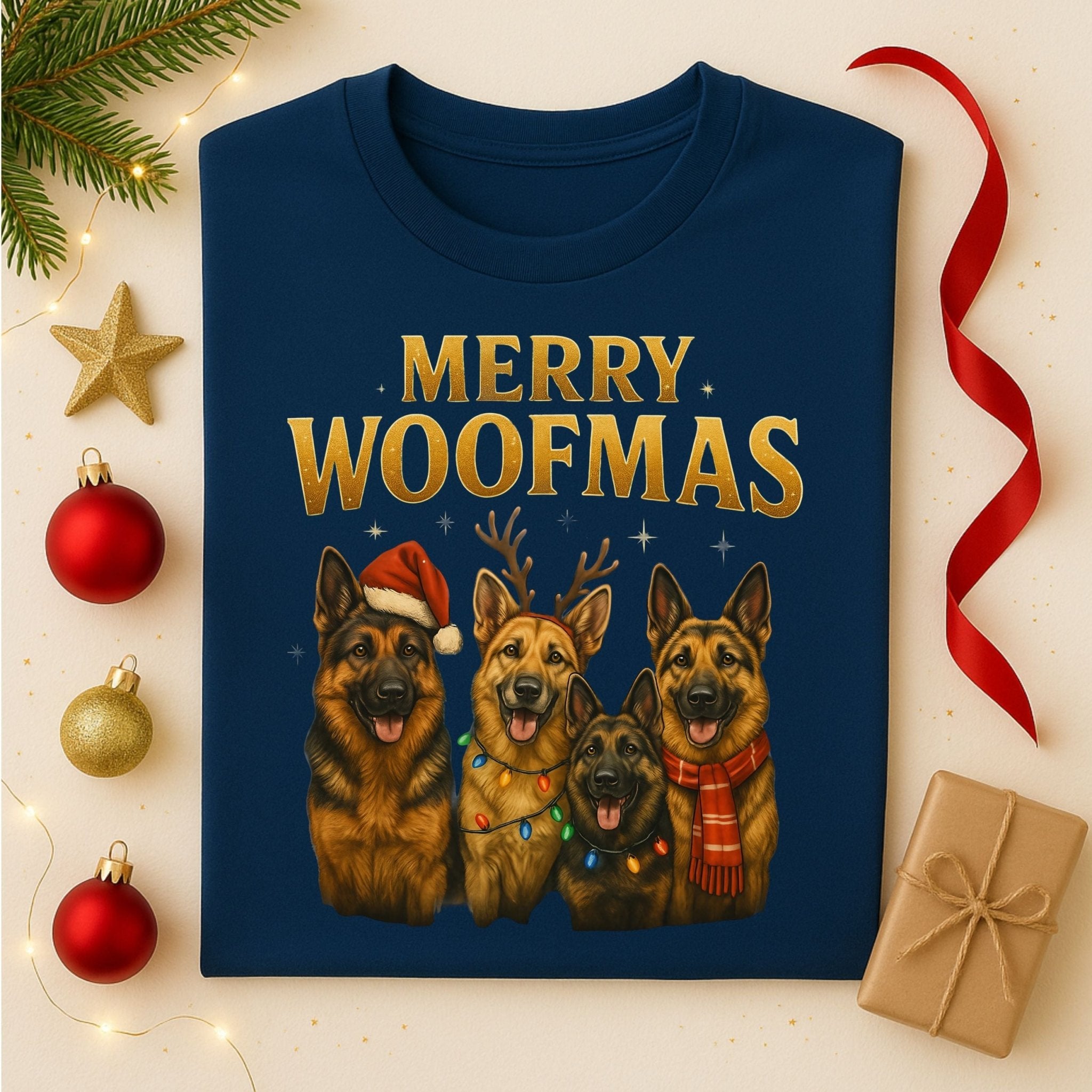 Merry Woofmas Dogs Illustration On Christmas T-Shirt - Craig Michael Design