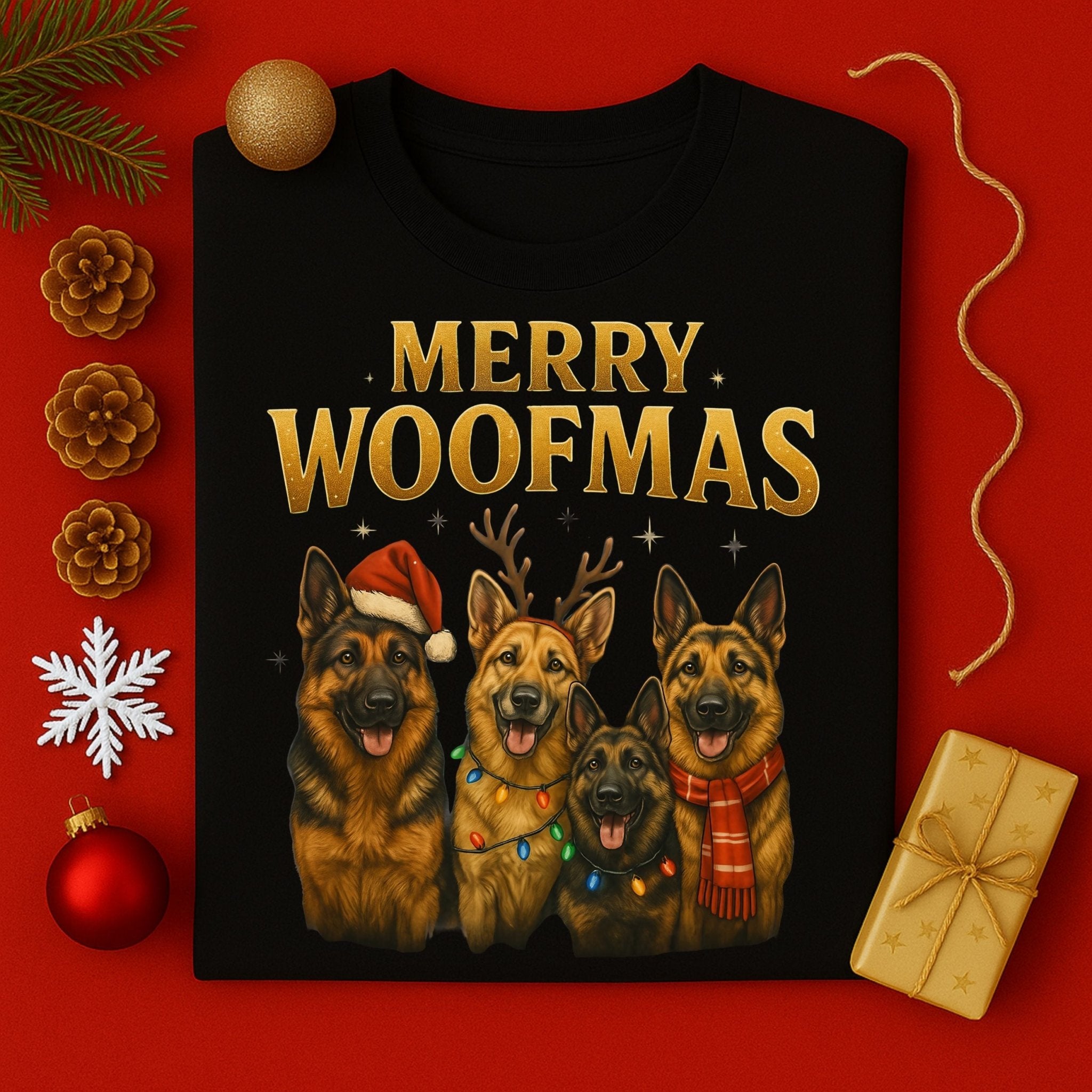 Merry Woofmas Dogs Illustration On Christmas T-Shirt - Craig Michael Design