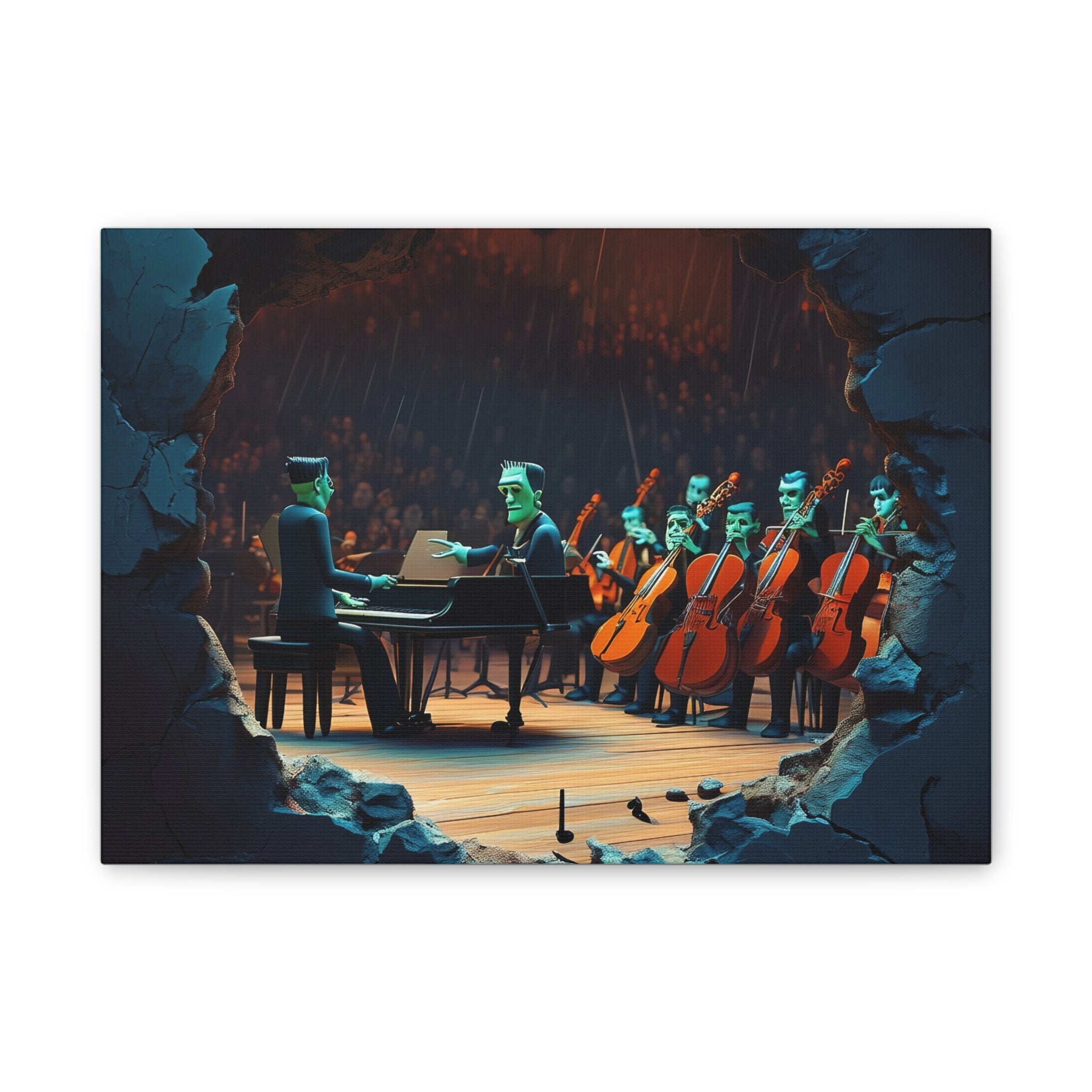 Monster Orchestra Wall Art, Unique Monster Canvas, Spooky Concert Artwork, Frankenstein Decor, Creepy Music Scene Print - Craig Michael Design
