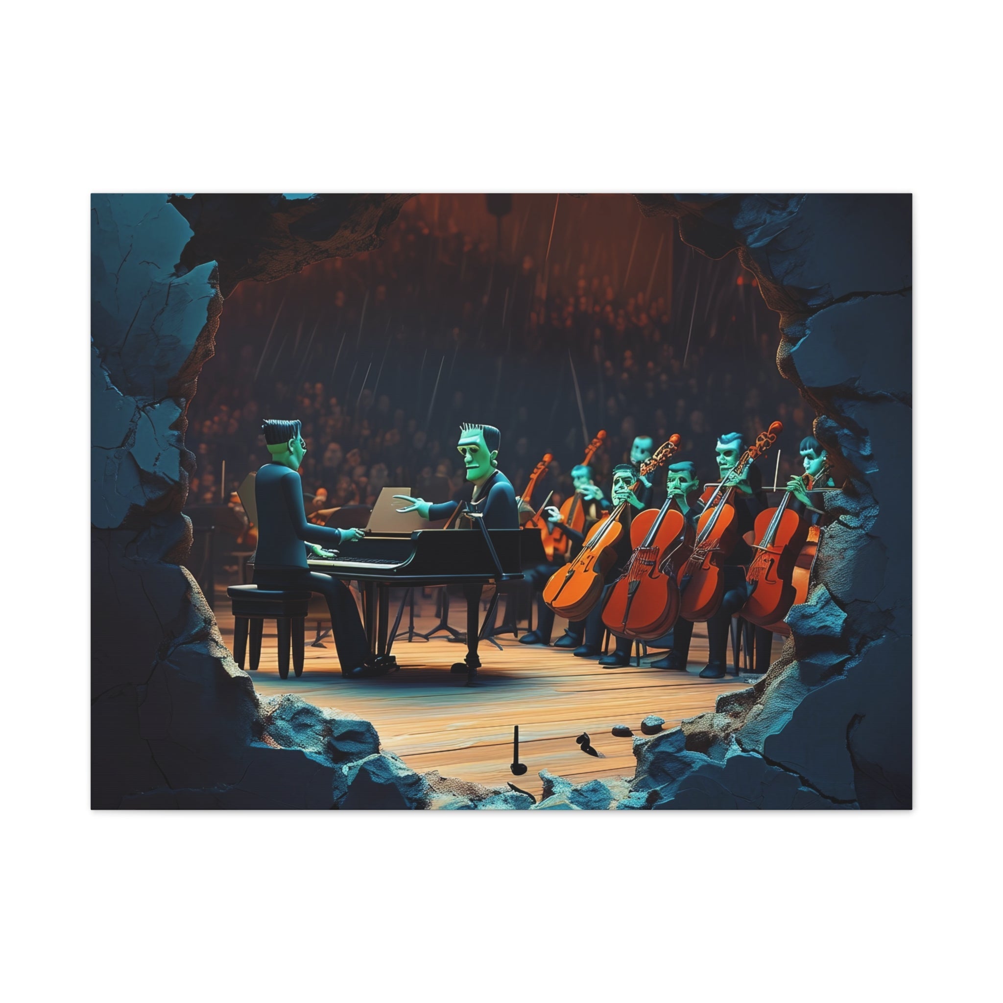 Monster Orchestra Wall Art, Unique Monster Canvas, Spooky Concert Artwork, Frankenstein Decor, Creepy Music Scene Print - Craig Michael Design