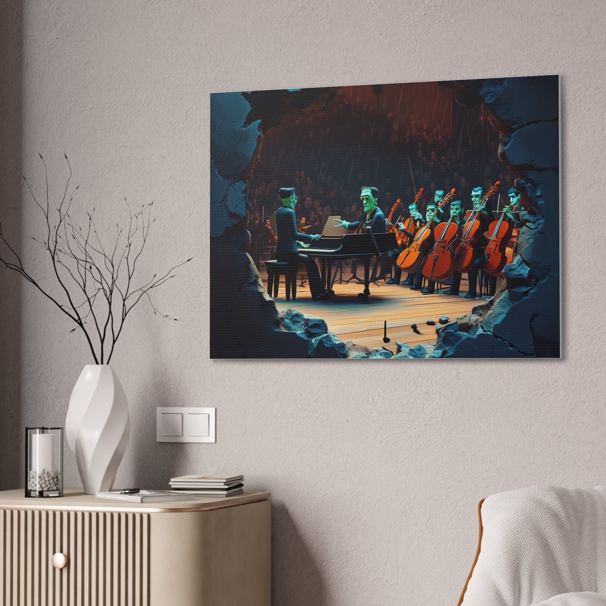 Monster Orchestra Wall Art, Unique Monster Canvas, Spooky Concert Artwork, Frankenstein Decor, Creepy Music Scene Print - Craig Michael Design