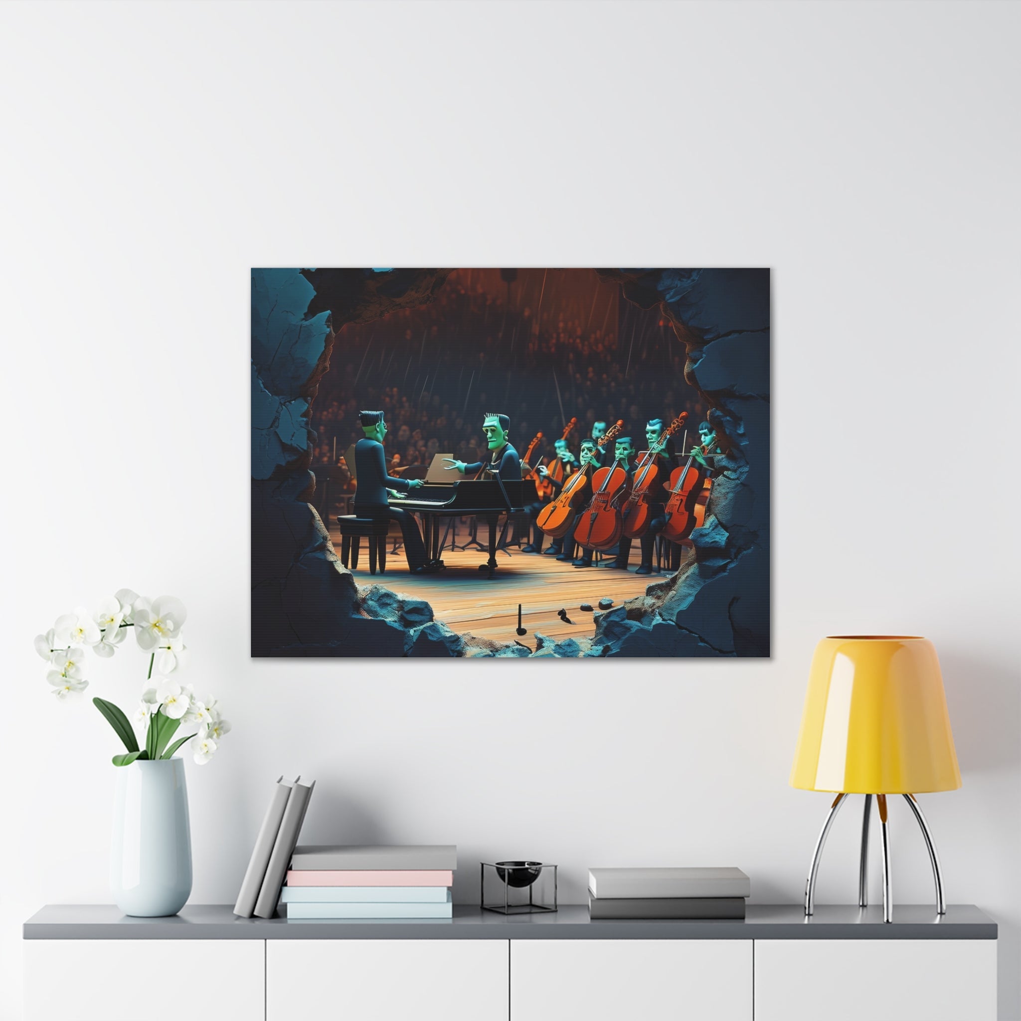 Monster Orchestra Wall Art, Unique Monster Canvas, Spooky Concert Artwork, Frankenstein Decor, Creepy Music Scene Print - Craig Michael Design