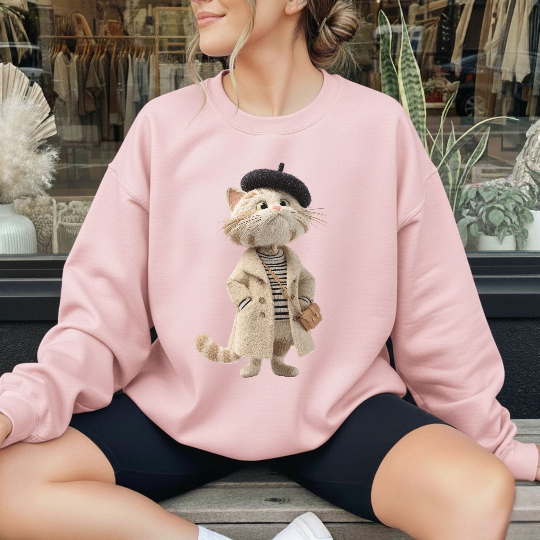 Parisian Cat Sweatshirt, French Beret Cat Crewneck, Embroidered - Style Cozy Cat Sweatshirt, Cute Fall Aesthetic Sweater, Cat Lover Gift - Craig Michael Design