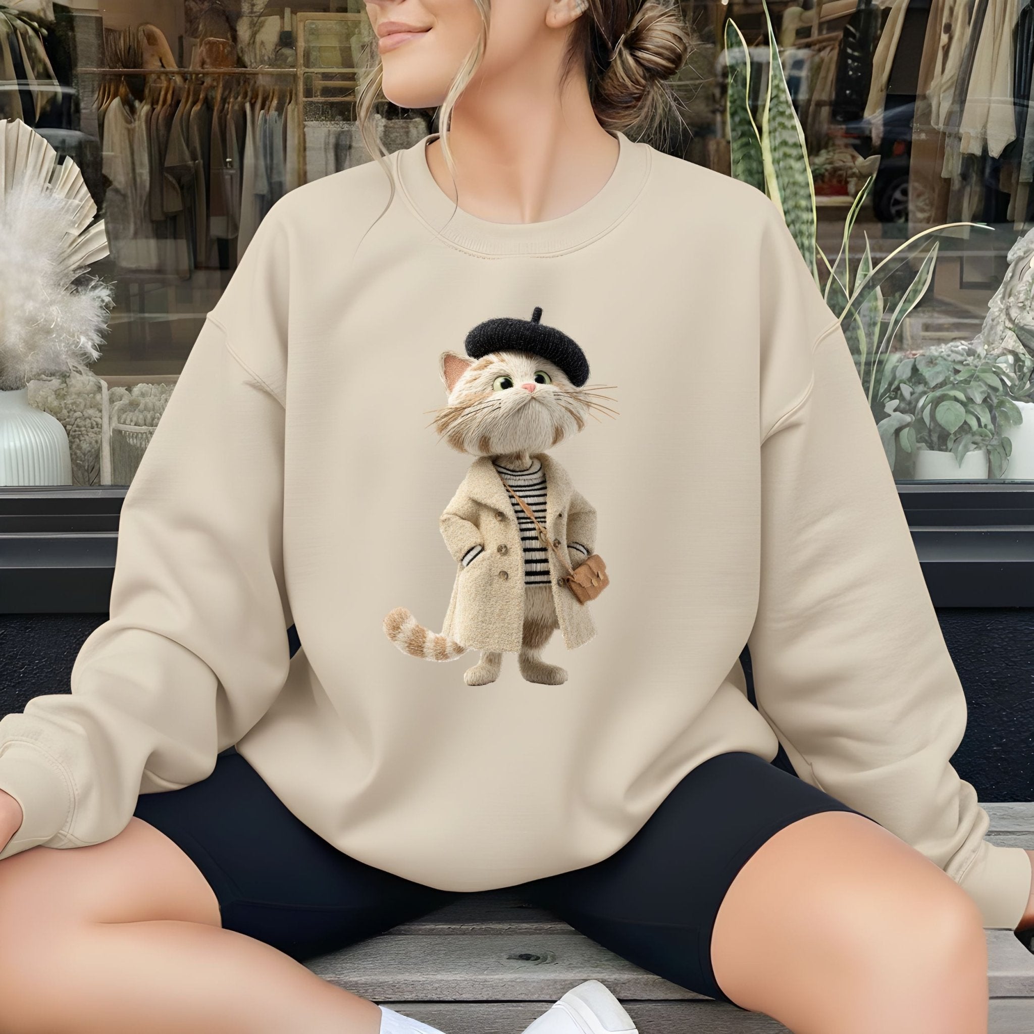 Parisian Cat Sweatshirt, French Beret Cat Crewneck, Embroidered - Style Cozy Cat Sweatshirt, Cute Fall Aesthetic Sweater, Cat Lover Gift - Craig Michael Design