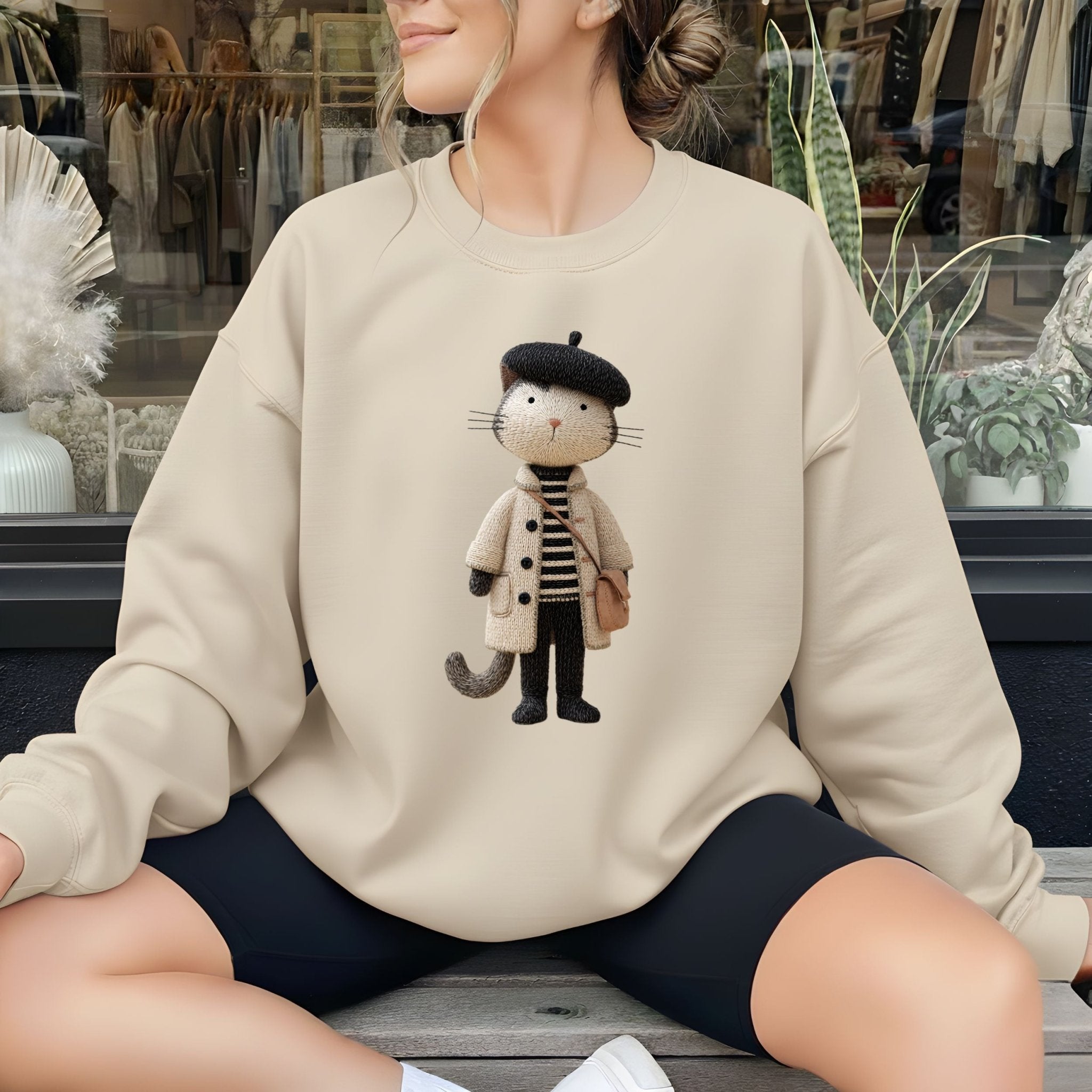 Parisian Cat Sweatshirt, French Beret Cat Crewneck, Embroidered - Style Minimalist Cat Sweater, Cozy Aesthetic Sweatshirt, Cat Lover Gift - Craig Michael Design