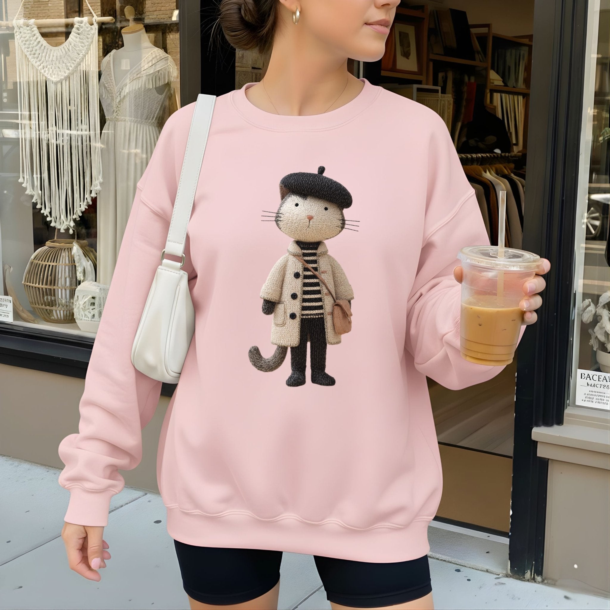 Parisian Cat Sweatshirt, French Beret Cat Crewneck, Embroidered - Style Minimalist Cat Sweater, Cozy Aesthetic Sweatshirt, Cat Lover Gift - Craig Michael Design