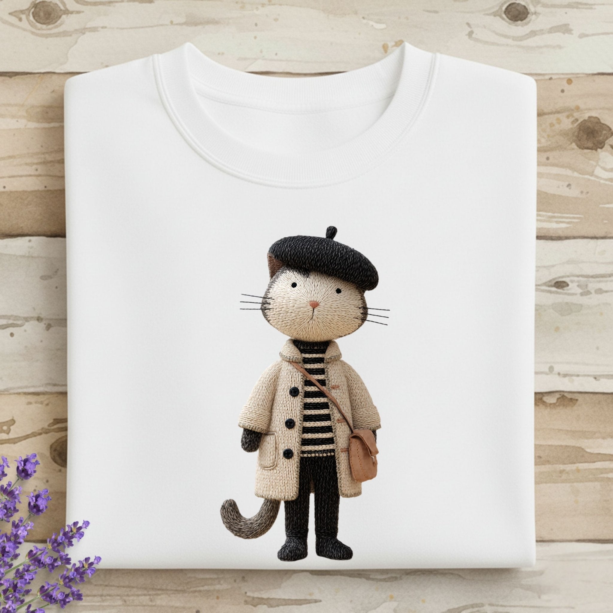Parisian Cat Sweatshirt, French Beret Cat Crewneck, Embroidered - Style Minimalist Cat Sweater, Cozy Aesthetic Sweatshirt, Cat Lover Gift - Craig Michael Design