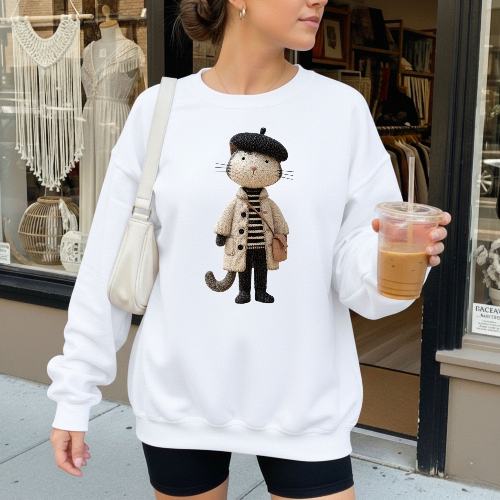 Parisian Cat Sweatshirt, French Beret Cat Crewneck, Embroidered - Style Minimalist Cat Sweater, Cozy Aesthetic Sweatshirt, Cat Lover Gift - Craig Michael Design