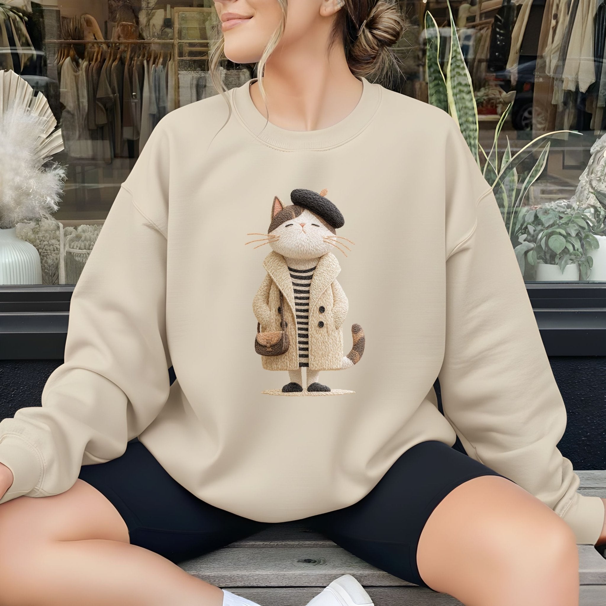Parisian Cat Sweatshirt, French Style Embroidered - Style Cat Crewneck, Cute Fall Women’s Sweatshirt, Cozy Aesthetic Cat Lover Gift - Craig Michael Design