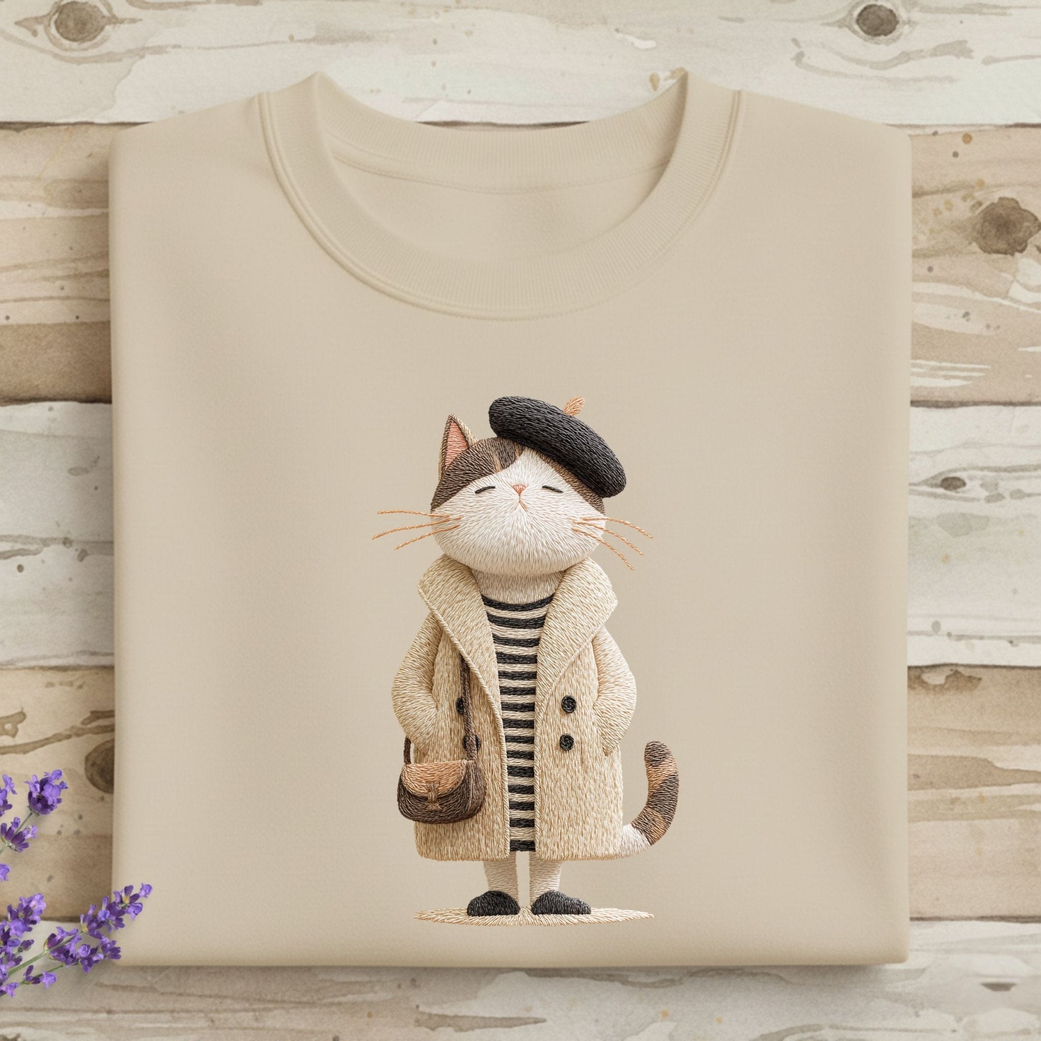 Parisian Cat Sweatshirt, French Style Embroidered - Style Cat Crewneck, Cute Fall Women’s Sweatshirt, Cozy Aesthetic Cat Lover Gift - Craig Michael Design