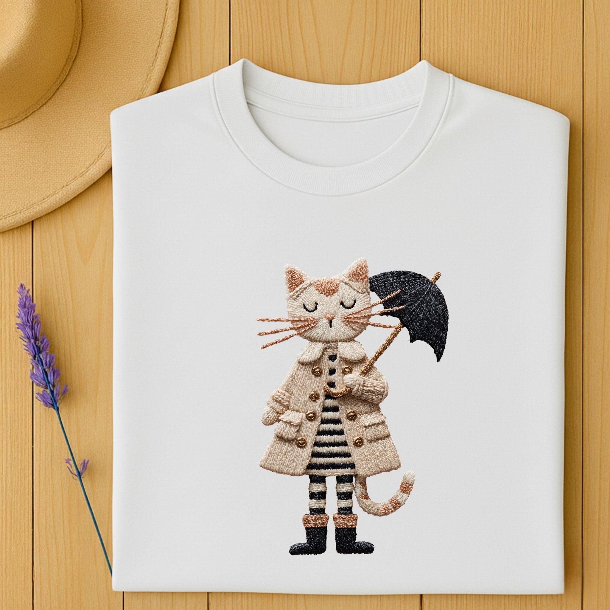 Rainy Day Cat Shirt, Cute Umbrella Kitty T-Shirt, Cozy Fall Cat Lover Tee for Women, Embroidered Style Cat Top, Gift for Cat Moms - Craig Michael Design