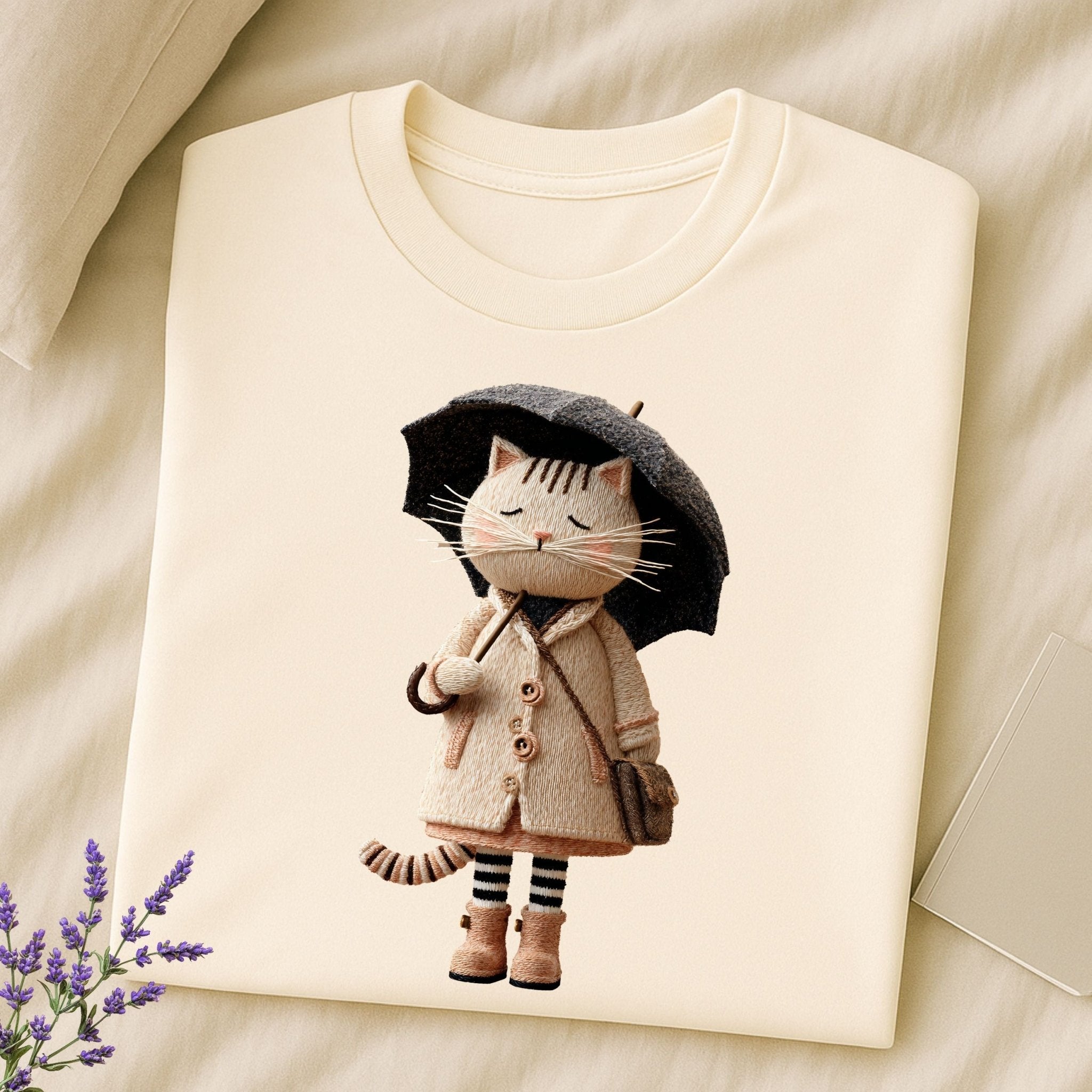 Rainy Day Cat Shirt, Cute Umbrella Kitty T-Shirt, Cozy Fall Cat Lover Tee for Women, Embroidered Style Cat Top, Gift for Cat Moms - Craig Michael Design