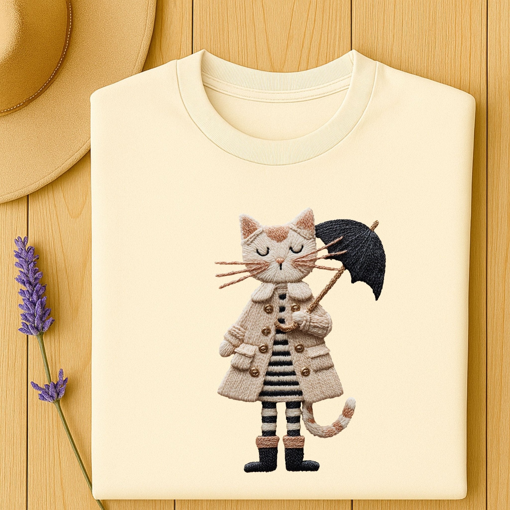 Rainy Day Cat Shirt, Cute Umbrella Kitty T-Shirt, Cozy Fall Cat Lover Tee for Women, Embroidered Style Cat Top, Gift for Cat Moms - Craig Michael Design