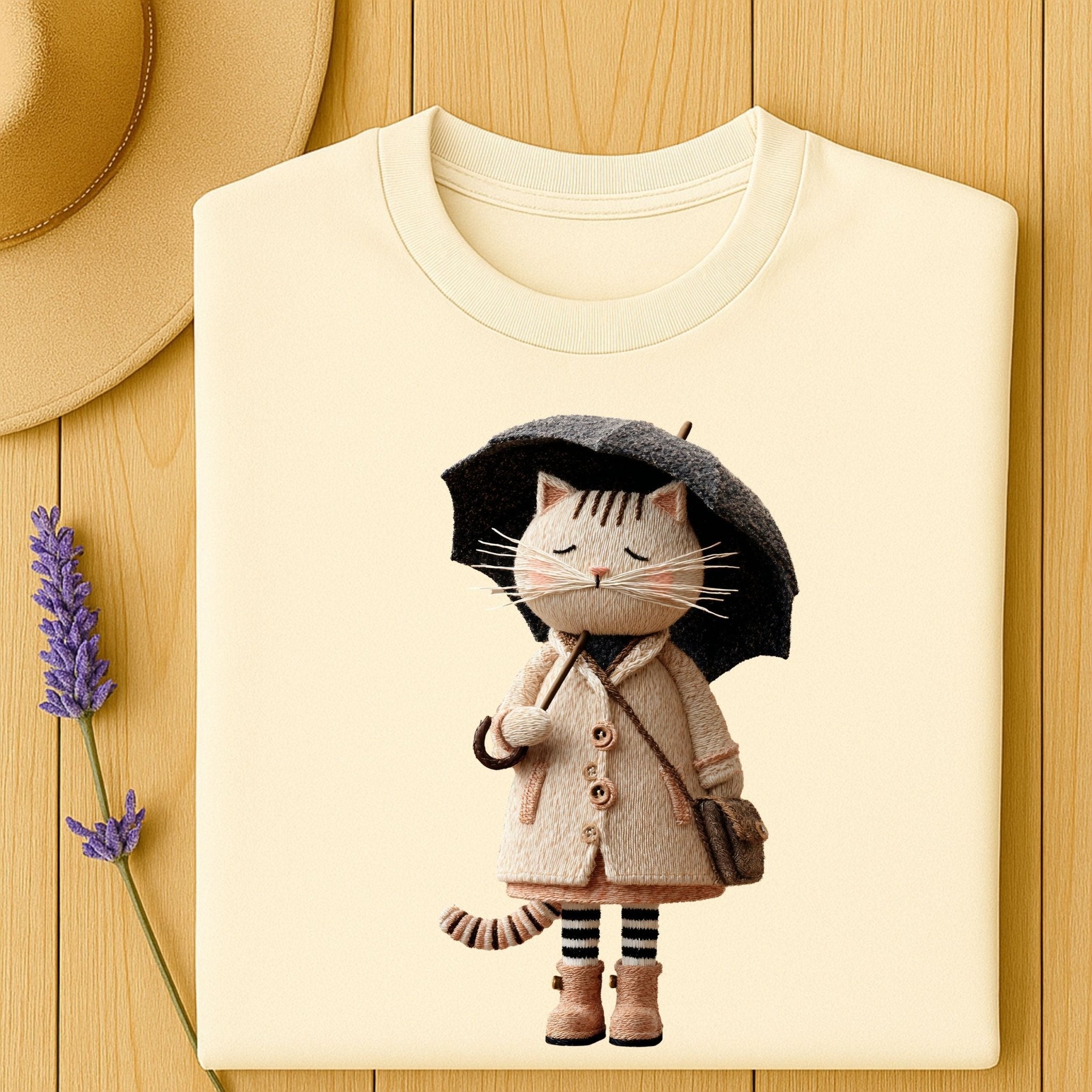 Rainy Day Cat Shirt, Cute Umbrella Kitty T-Shirt, Cozy Fall Cat Lover Tee for Women, Embroidered Style Cat Top, Gift for Cat Moms - Craig Michael Design