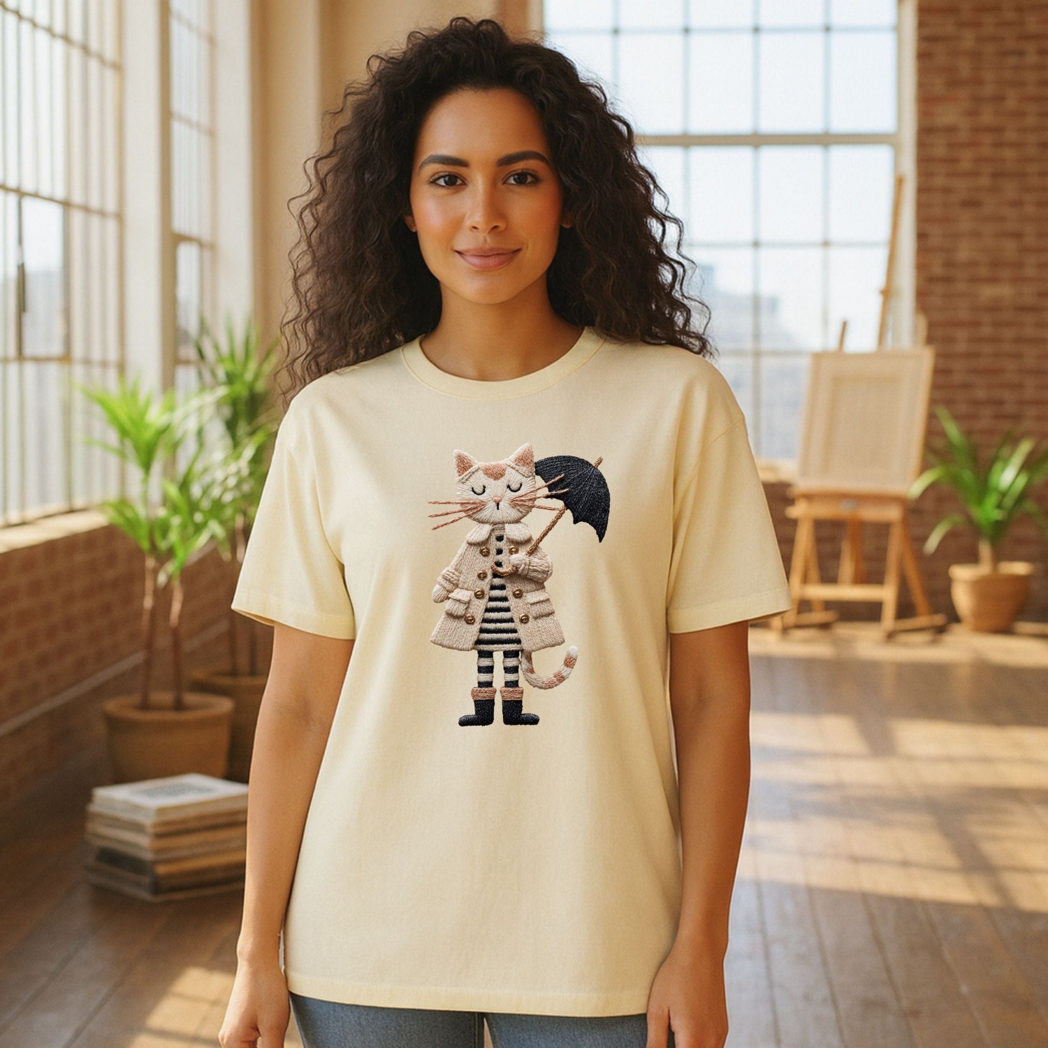 Rainy Day Cat Shirt, Cute Umbrella Kitty T-Shirt, Cozy Fall Cat Lover Tee for Women, Embroidered Style Cat Top, Gift for Cat Moms - Craig Michael Design