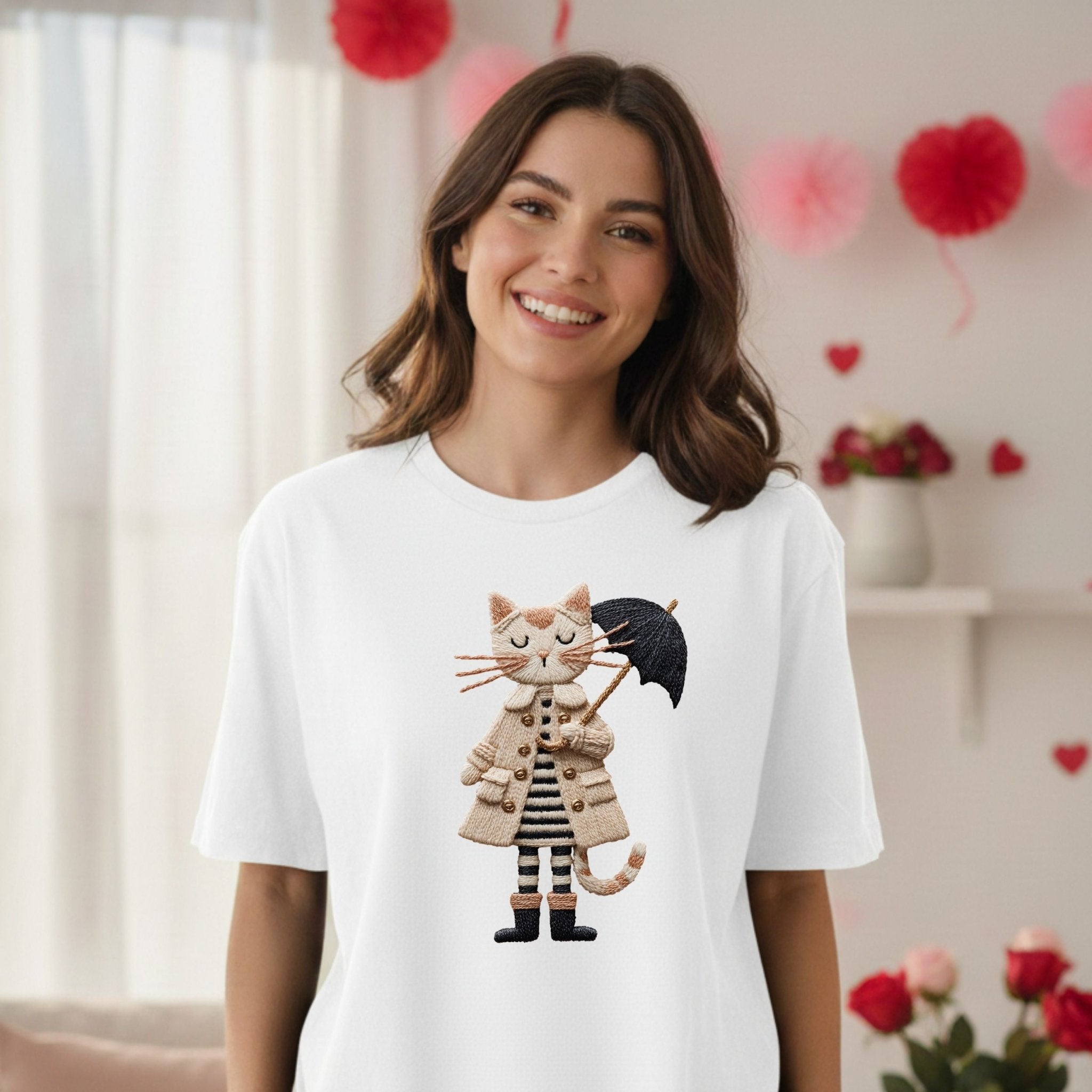 Rainy Day Cat Shirt, Cute Umbrella Kitty T-Shirt, Cozy Fall Cat Lover Tee for Women, Embroidered Style Cat Top, Gift for Cat Moms - Craig Michael Design
