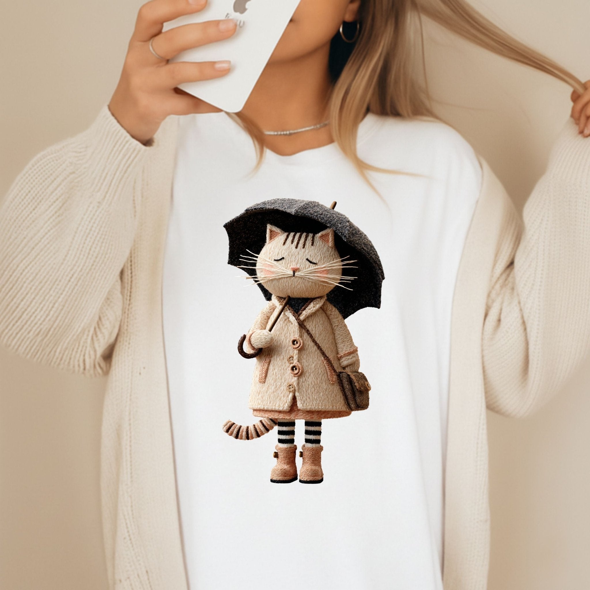 Rainy Day Cat Shirt, Cute Umbrella Kitty T-Shirt, Cozy Fall Cat Lover Tee for Women, Embroidered Style Cat Top, Gift for Cat Moms - Craig Michael Design