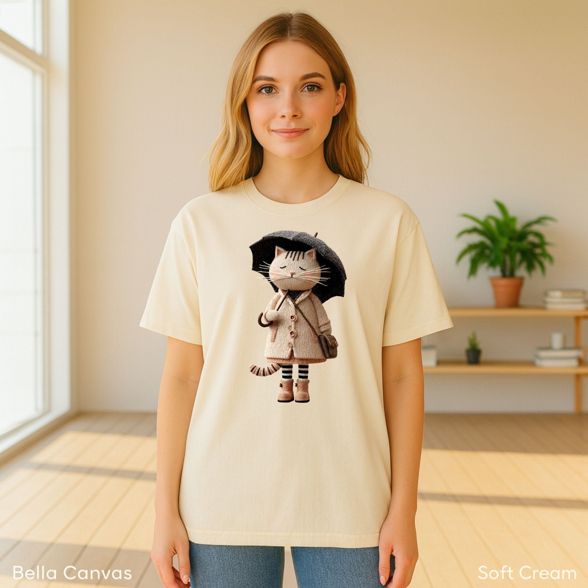 Rainy Day Cat Shirt, Cute Umbrella Kitty T-Shirt, Cozy Fall Cat Lover Tee for Women, Embroidered Style Cat Top, Gift for Cat Moms - Craig Michael Design