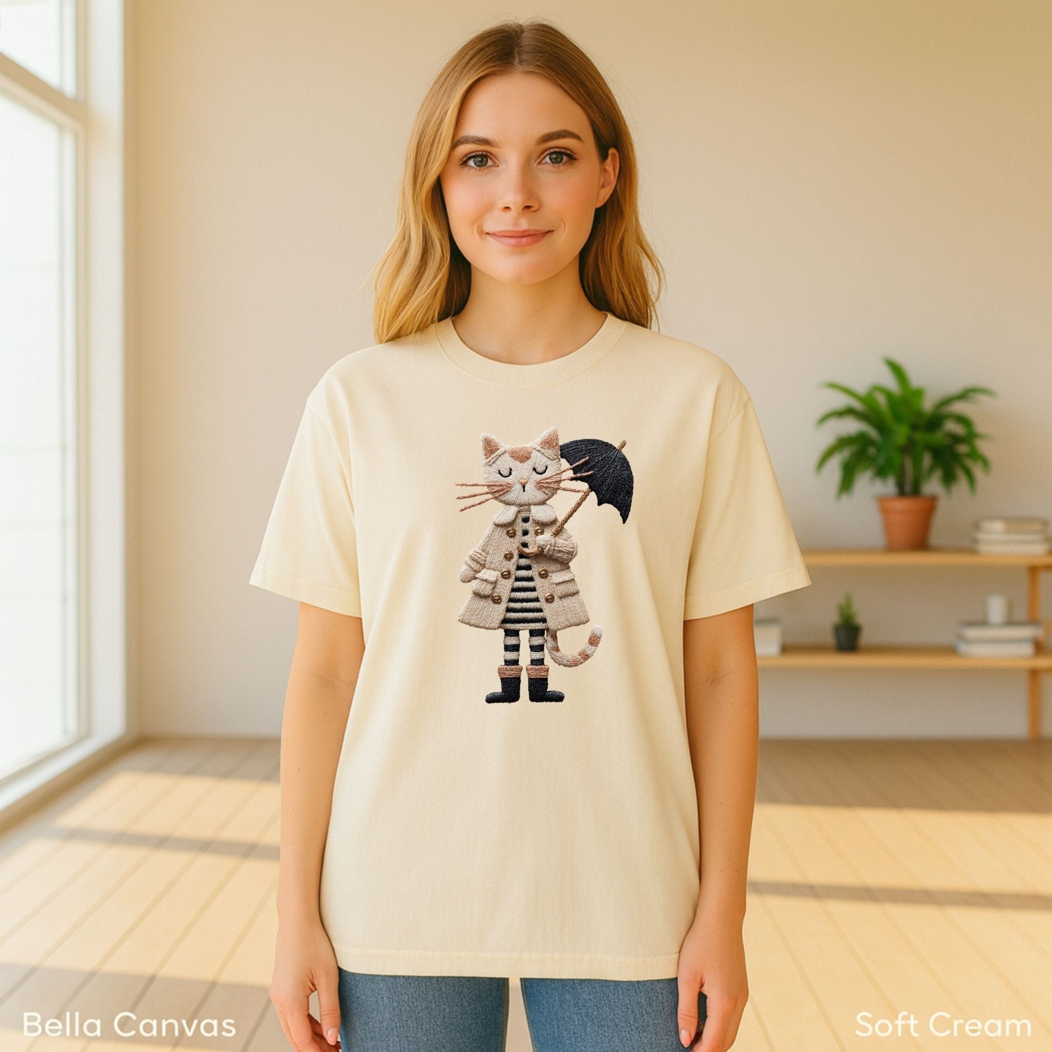 Rainy Day Cat Shirt, Cute Umbrella Kitty T-Shirt, Cozy Fall Cat Lover Tee for Women, Embroidered Style Cat Top, Gift for Cat Moms - Craig Michael Design