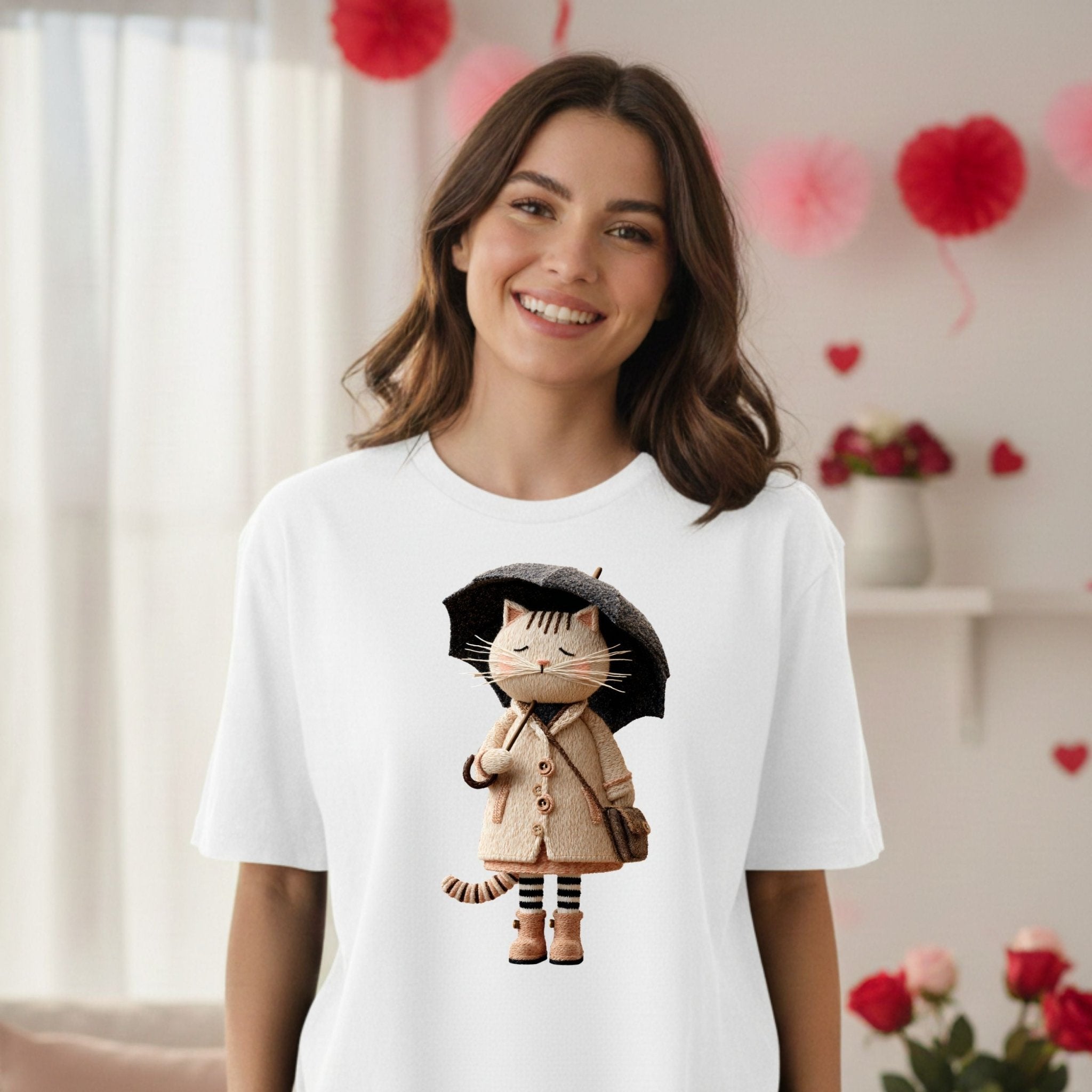 Rainy Day Cat Shirt, Cute Umbrella Kitty T-Shirt, Cozy Fall Cat Lover Tee for Women, Embroidered Style Cat Top, Gift for Cat Moms - Craig Michael Design