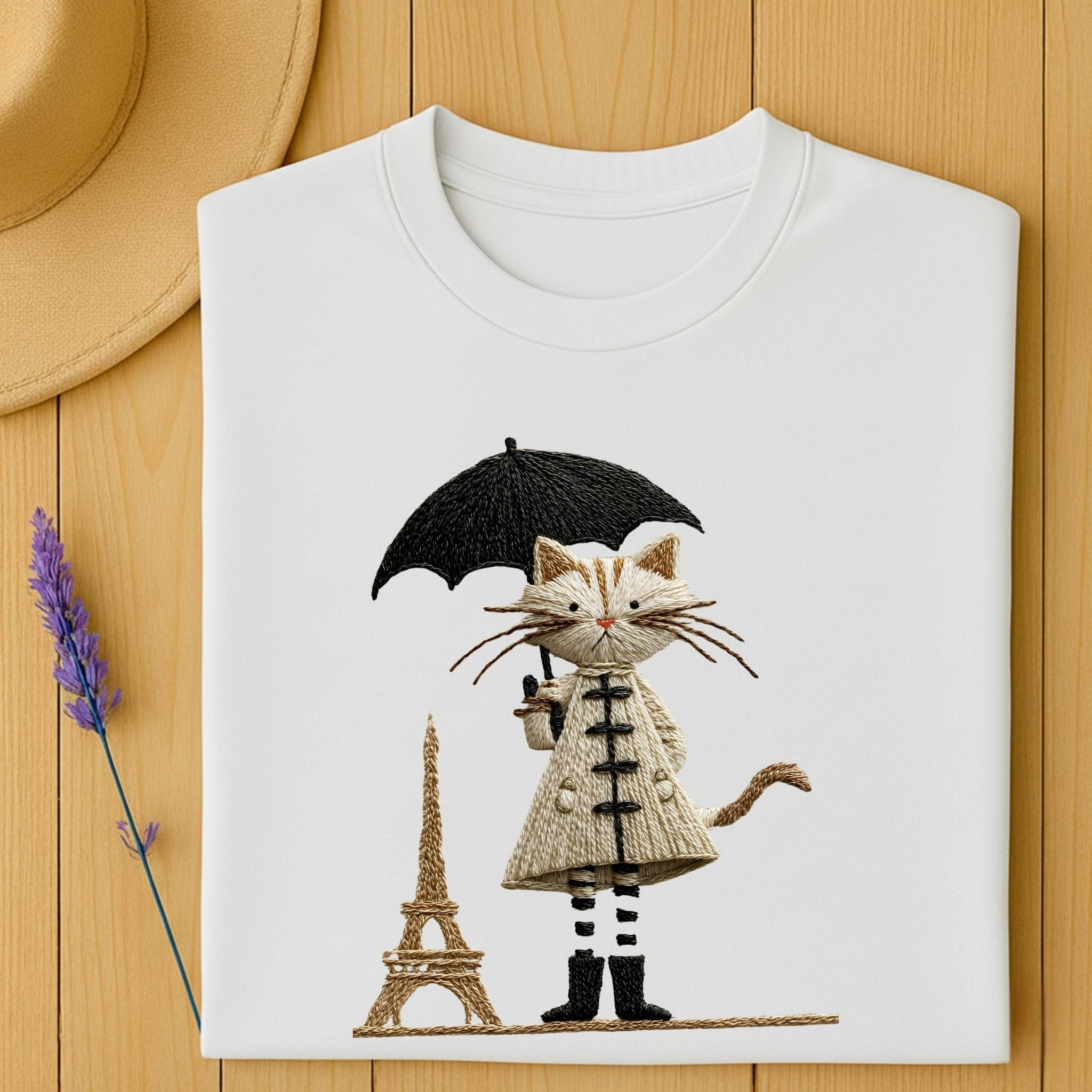 Rainy Day Cat Shirt, Cute Umbrella Kitty T-Shirt, Cozy Fall Cat Lover Tee for Women, Embroidered Style Cat Top, Gift for Cat Moms, T-Shirt - Craig Michael Design