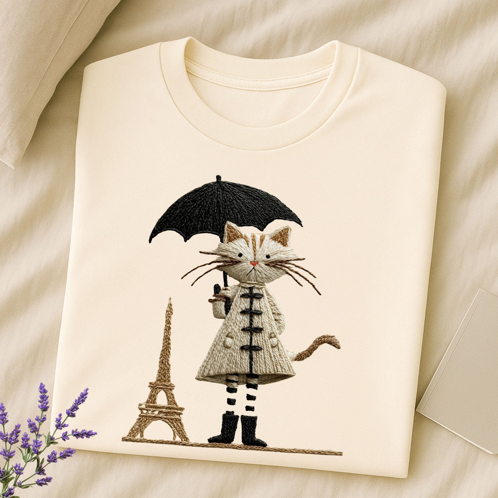 Rainy Day Cat Shirt, Cute Umbrella Kitty T-Shirt, Cozy Fall Cat Lover Tee for Women, Embroidered Style Cat Top, Gift for Cat Moms, T-Shirt - Craig Michael Design