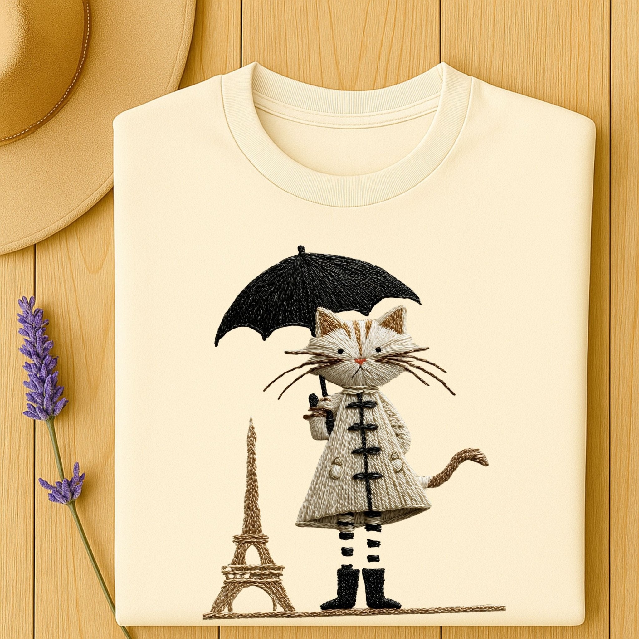 Rainy Day Cat Shirt, Cute Umbrella Kitty T-Shirt, Cozy Fall Cat Lover Tee for Women, Embroidered Style Cat Top, Gift for Cat Moms, T-Shirt - Craig Michael Design