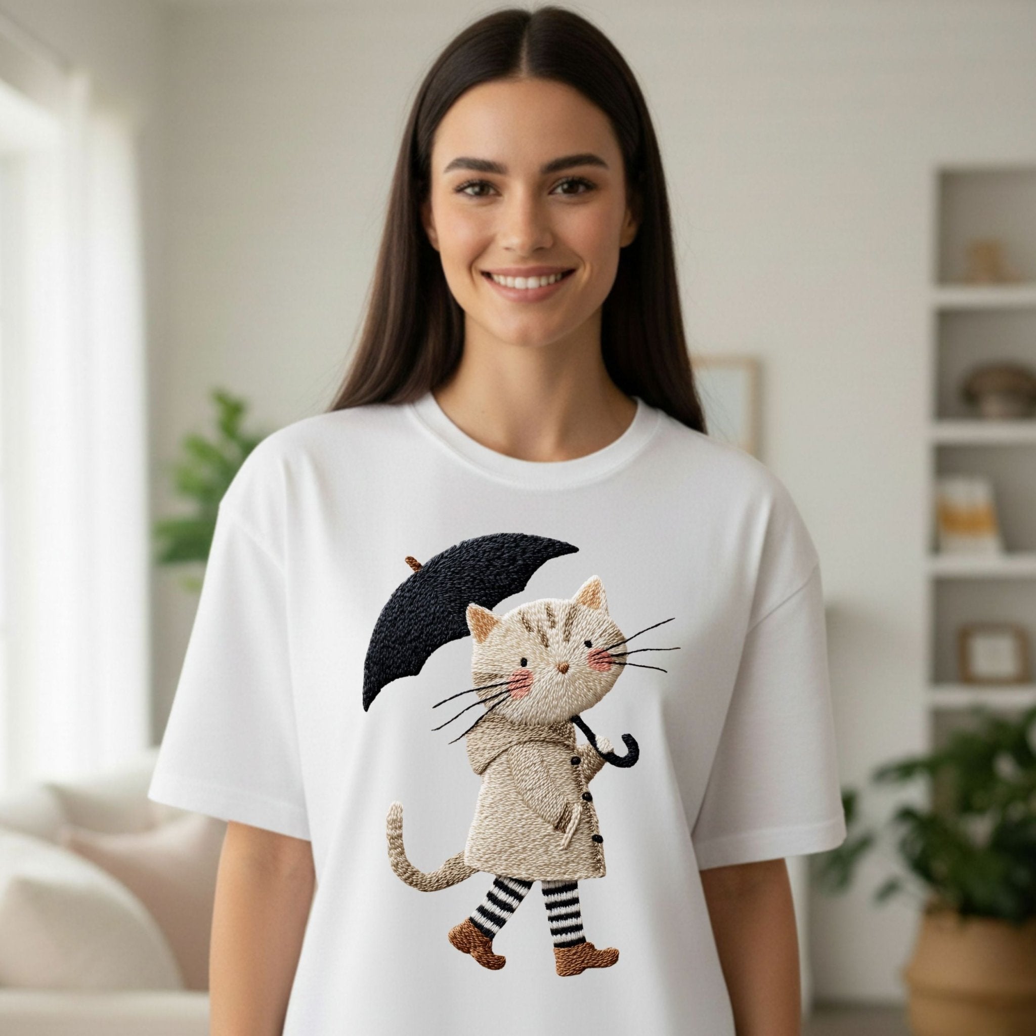 Rainy Day Cat T-Shirt, Cute Umbrella Kitty Tee, Cozy Fall Cat Lover T Shirt for Women, Embroidered Style Cat Top, Gift for Cat Moms - Craig Michael Design