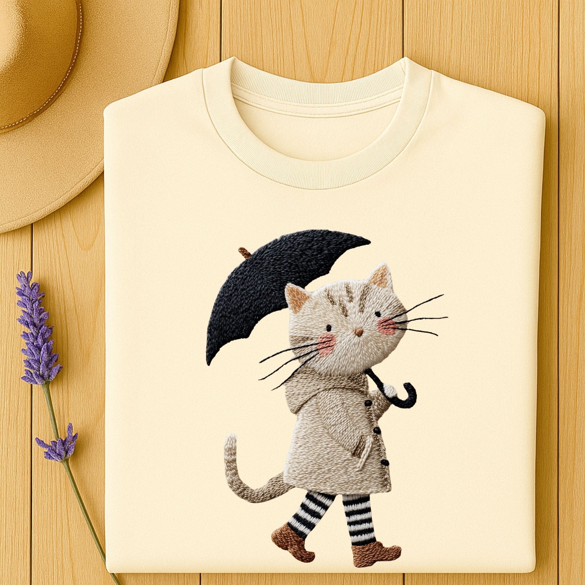 Rainy Day Cat T-Shirt, Cute Umbrella Kitty Tee, Cozy Fall Cat Lover T Shirt for Women, Embroidered Style Cat Top, Gift for Cat Moms - Craig Michael Design