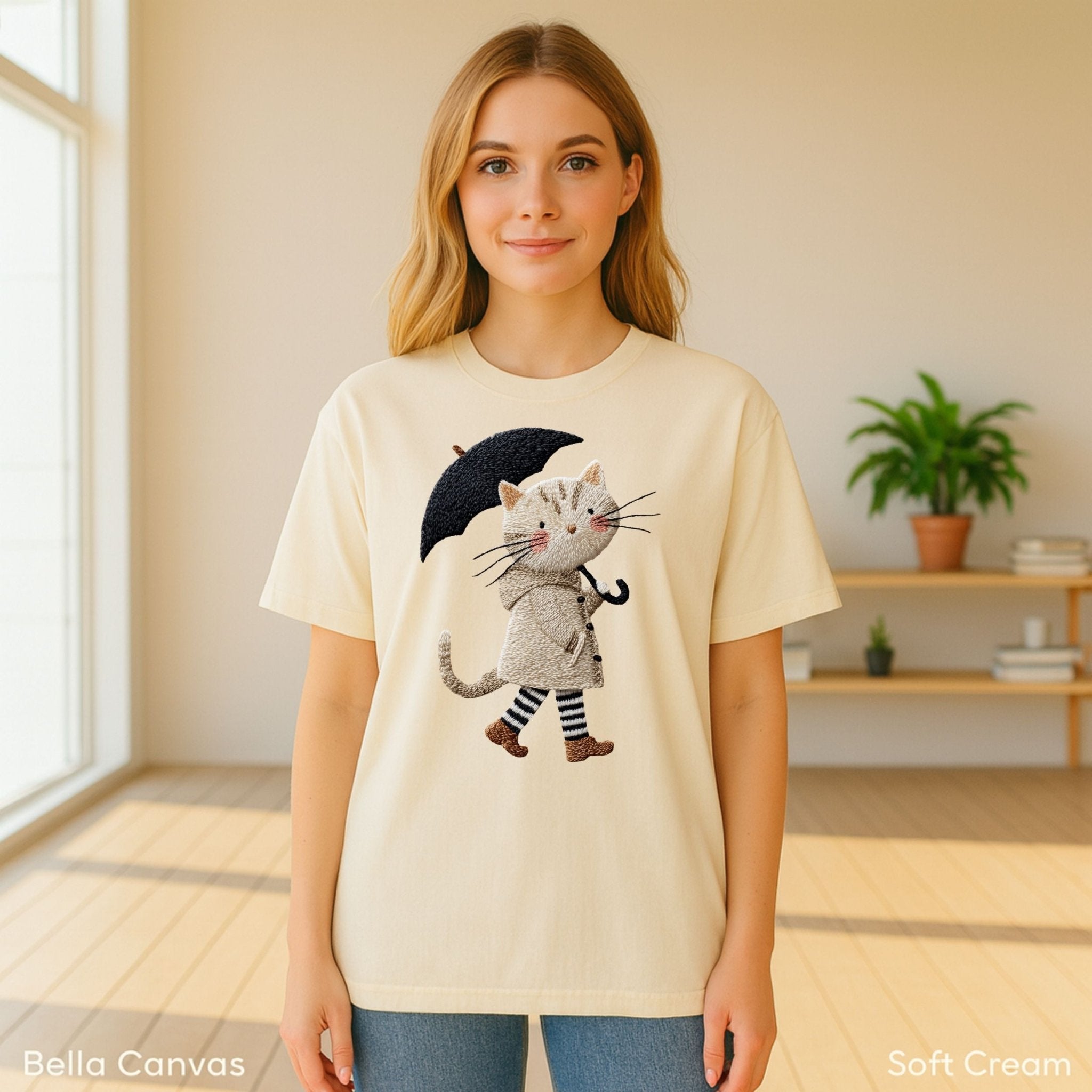 Rainy Day Cat T-Shirt, Cute Umbrella Kitty Tee, Cozy Fall Cat Lover T Shirt for Women, Embroidered Style Cat Top, Gift for Cat Moms - Craig Michael Design