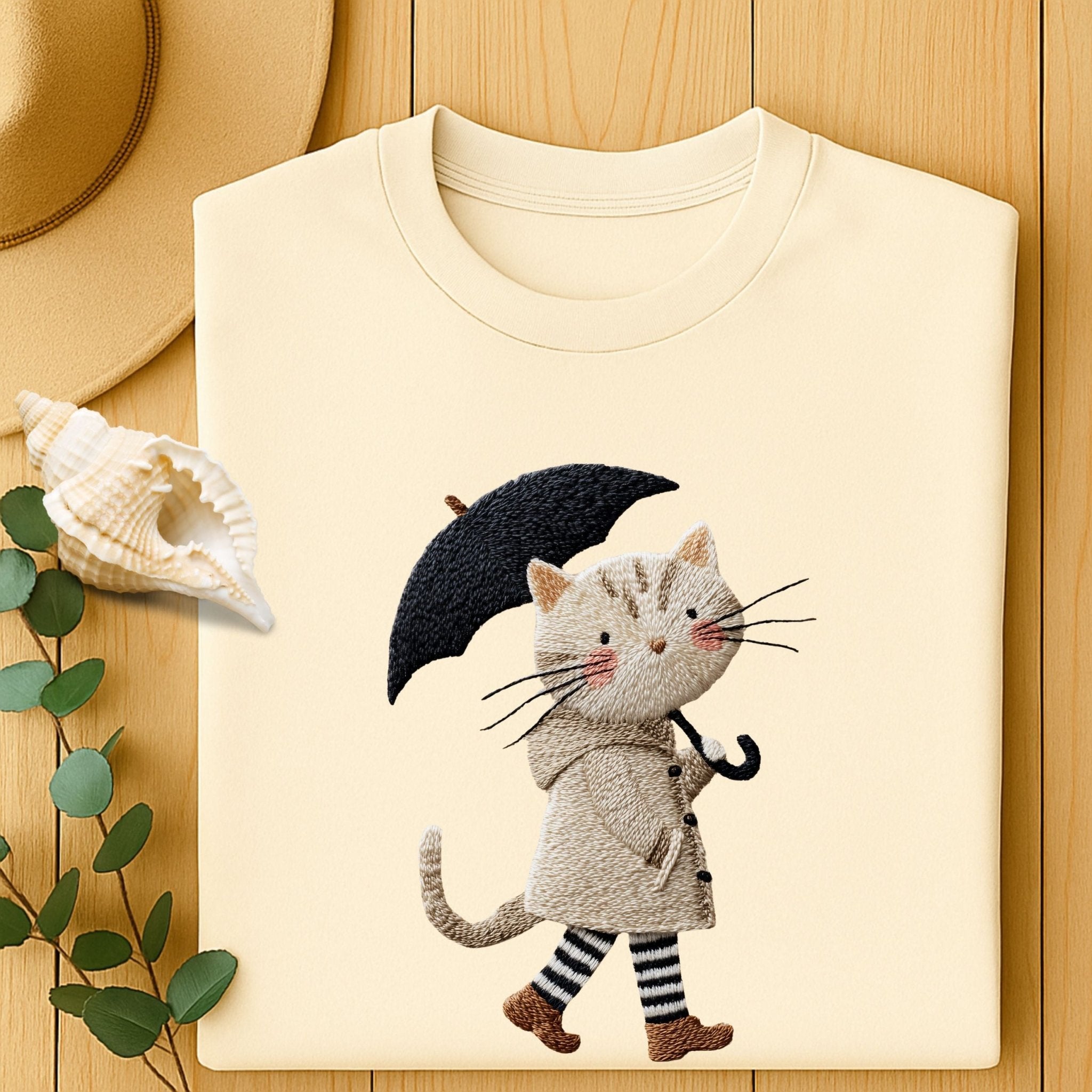 Rainy Day Cat T-Shirt, Cute Umbrella Kitty Tee, Cozy Fall Cat Lover T Shirt for Women, Embroidered Style Cat Top, Gift for Cat Moms - Craig Michael Design