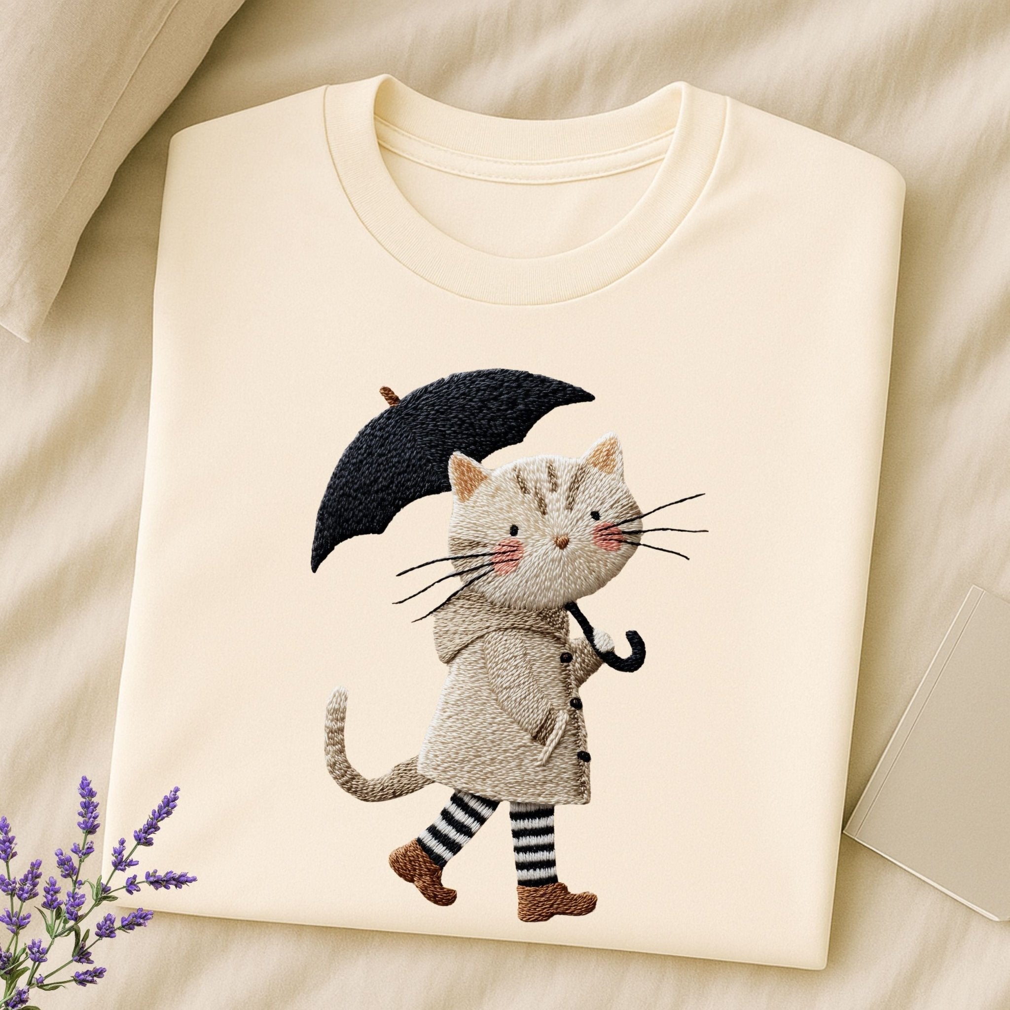 Rainy Day Cat T-Shirt, Cute Umbrella Kitty Tee, Cozy Fall Cat Lover T Shirt for Women, Embroidered Style Cat Top, Gift for Cat Moms - Craig Michael Design