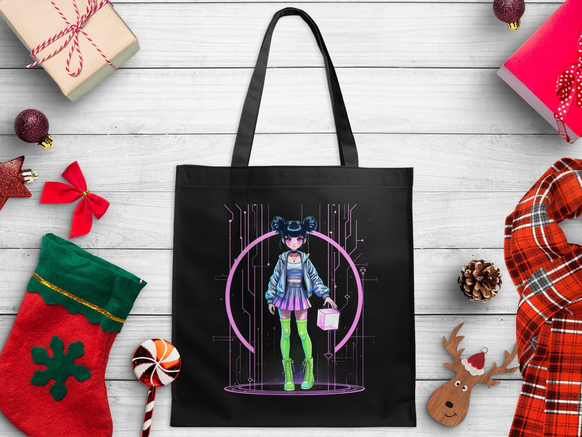 Retro Anime Girl Tote Bag, Neon Sci - Fi Design, Pastel Cyberpunk Art, Cute and Edgy Print, Unique Fashion Accessory, Graphic Tote - Craig Michael Design