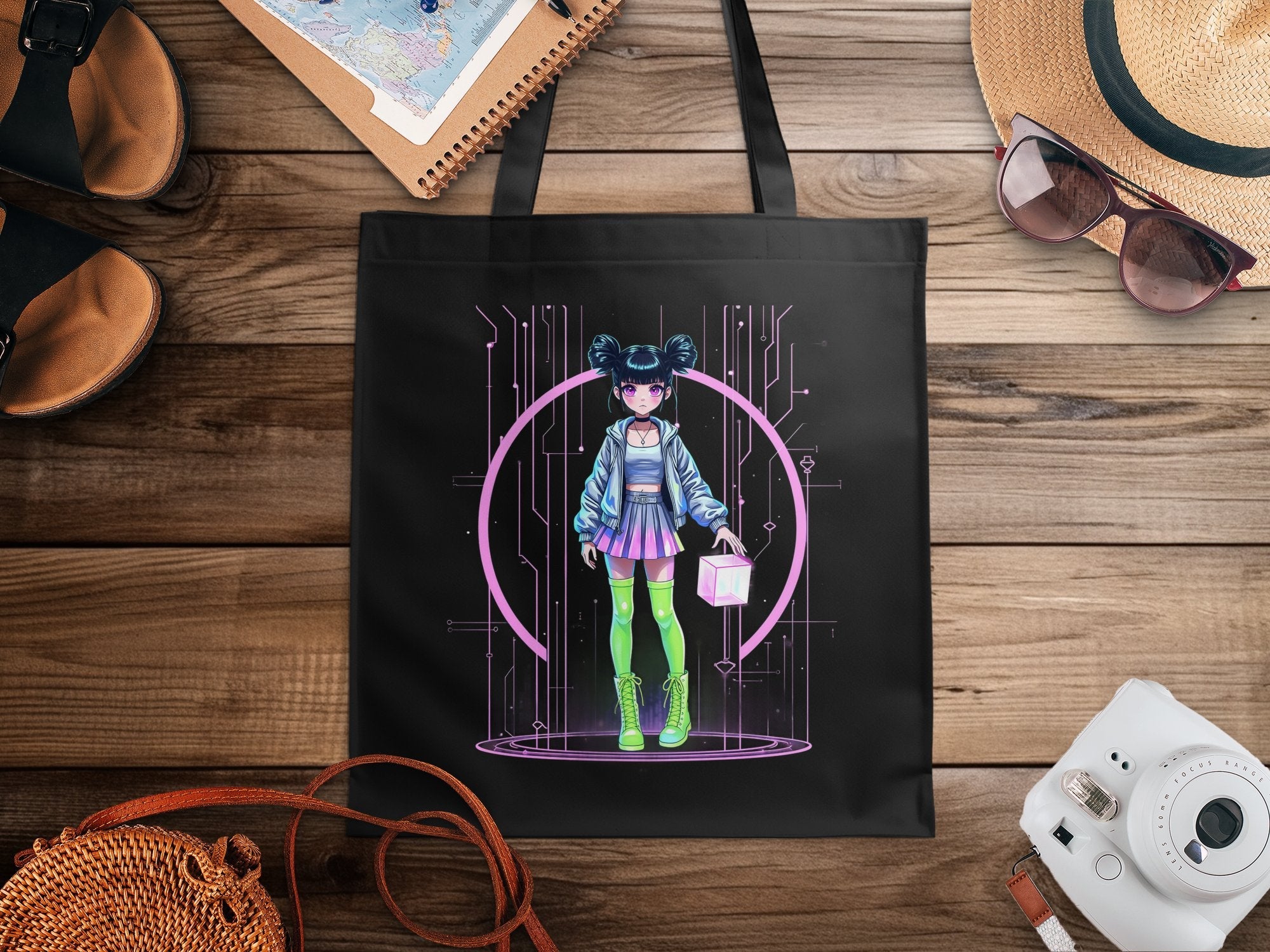 Retro Anime Girl Tote Bag, Neon Sci - Fi Design, Pastel Cyberpunk Art, Cute and Edgy Print, Unique Fashion Accessory, Graphic Tote - Craig Michael Design