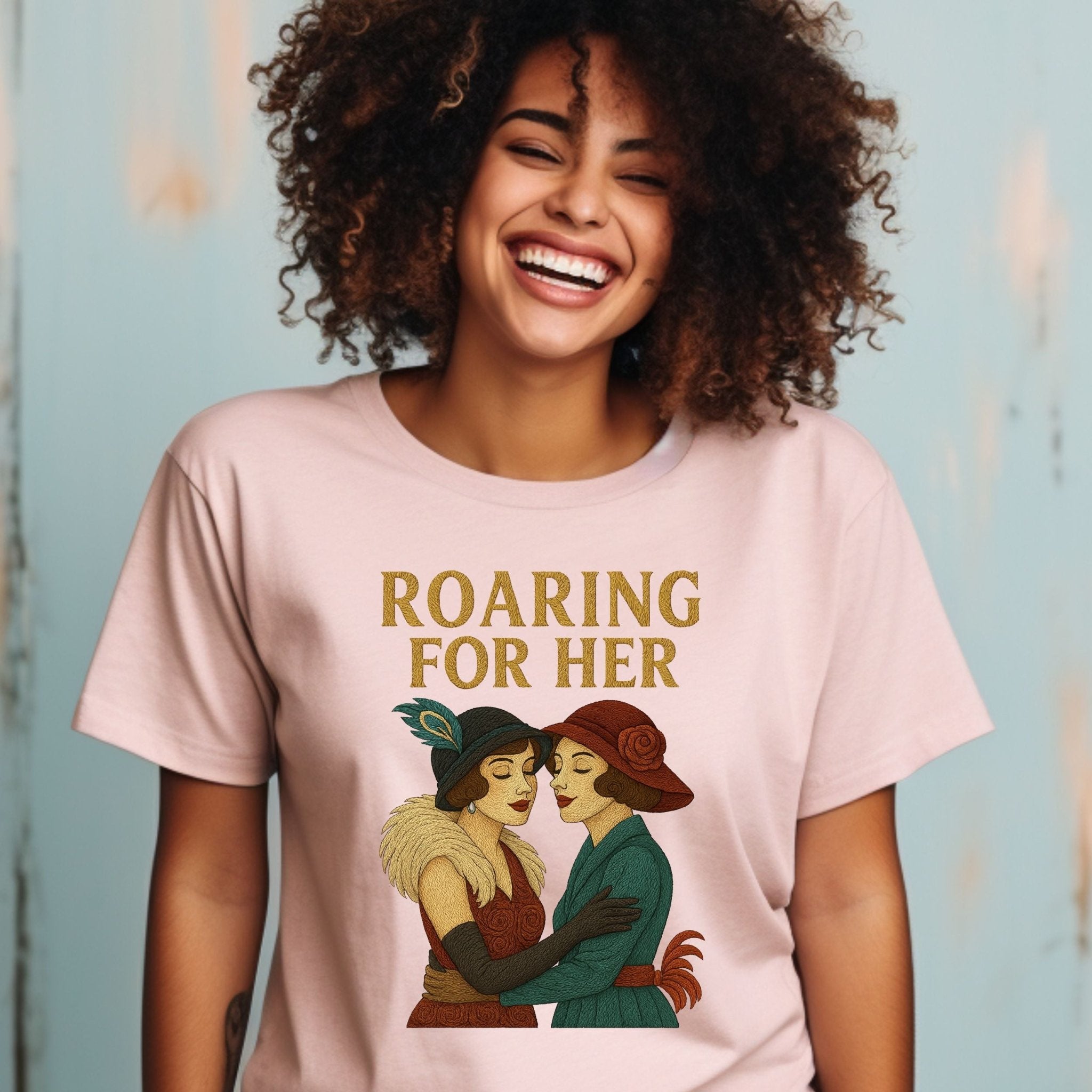 Roaring for Her Tee, 1920s Lesbian Couple T-Shirt, Embroidered Style Flapper Pride Shirt, Vintage Queer Gift for Her - Craig Michael Design