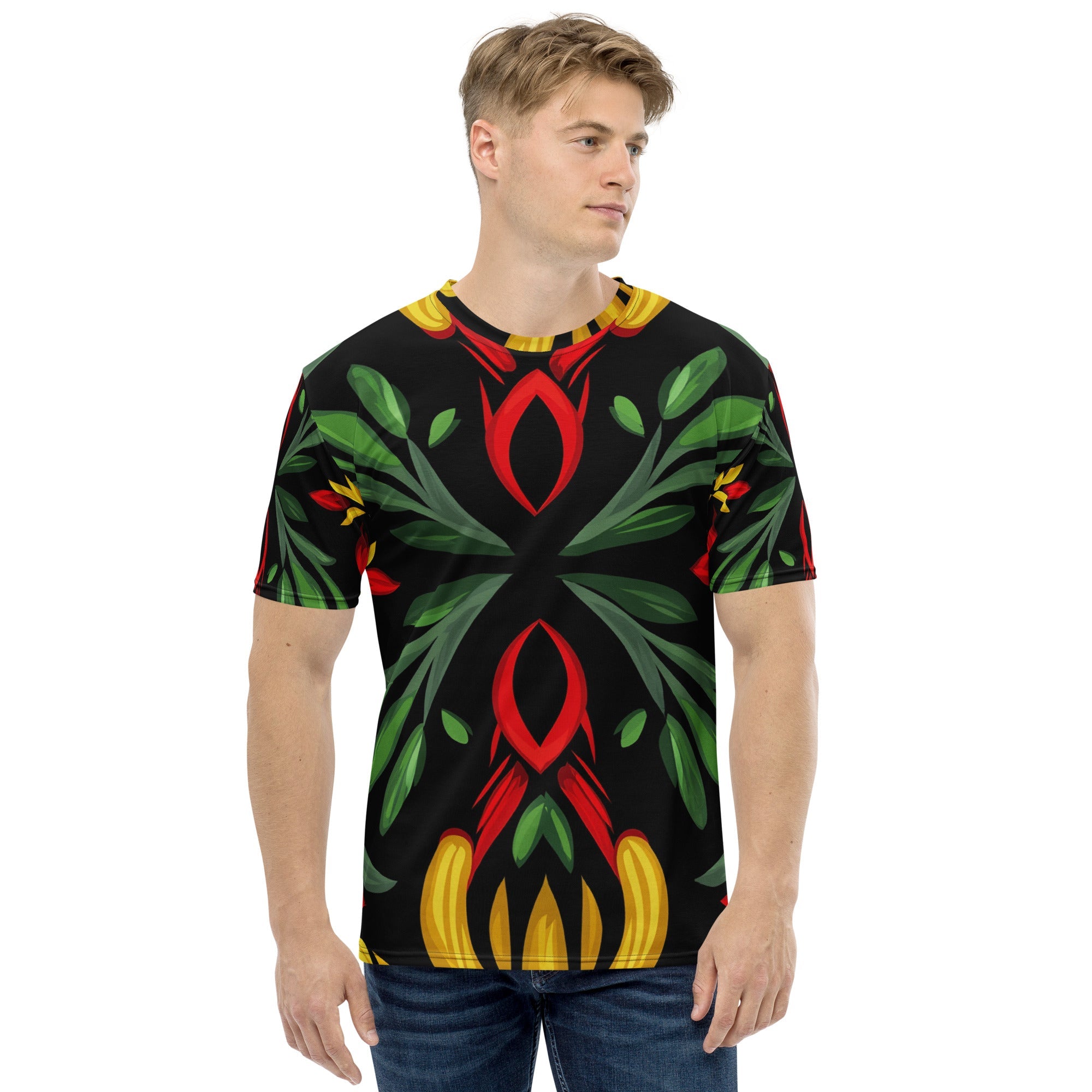 Royal Roots – African Floral Print T-Shirt, Bold Tribal Botanical Tee, Red, Yellow & Green Ethnic Pattern, Afro - Boho Fashion, Cultural Streetwear - Craig Michael Design