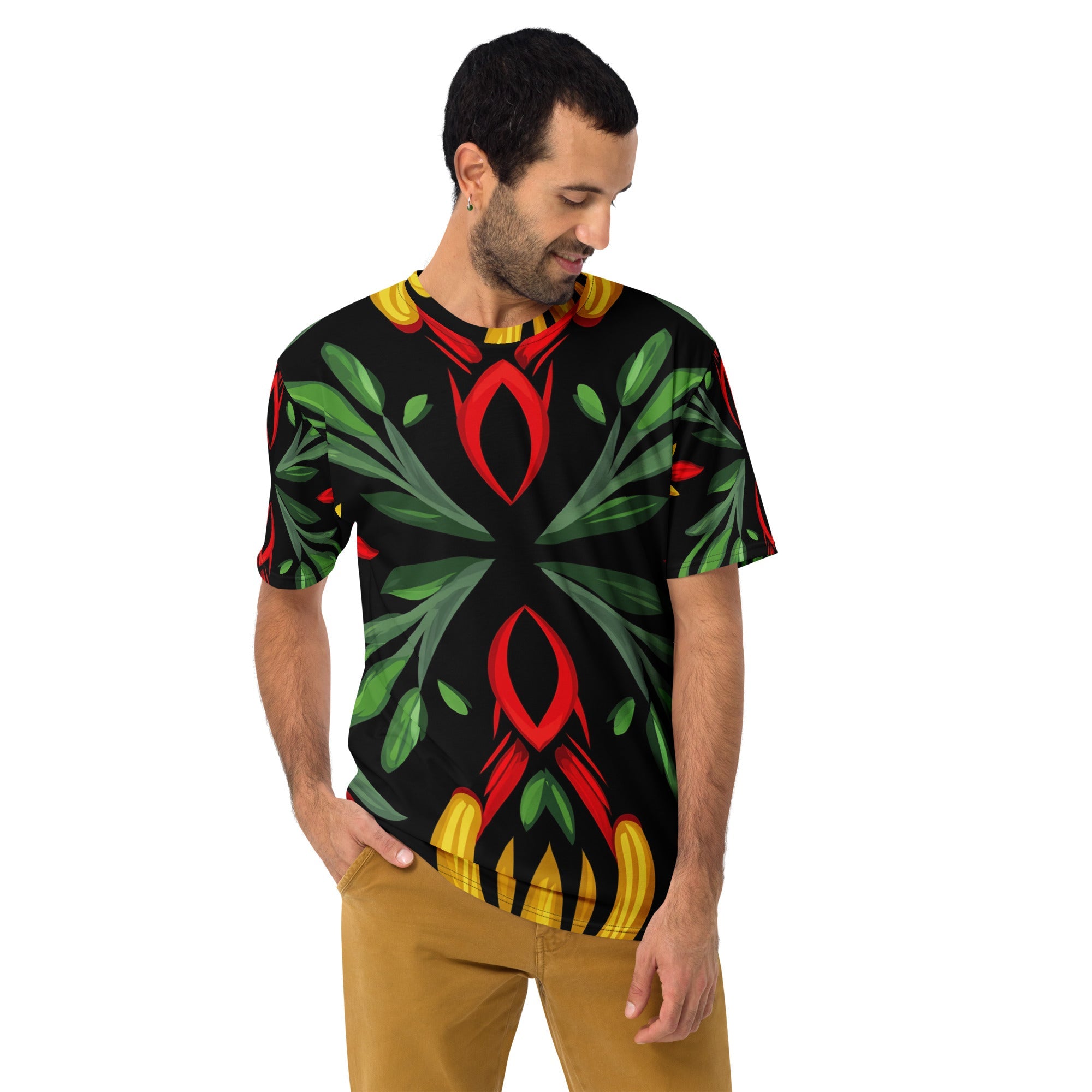 Royal Roots – African Floral Print T-Shirt, Bold Tribal Botanical Tee, Red, Yellow & Green Ethnic Pattern, Afro - Boho Fashion, Cultural Streetwear - Craig Michael Design