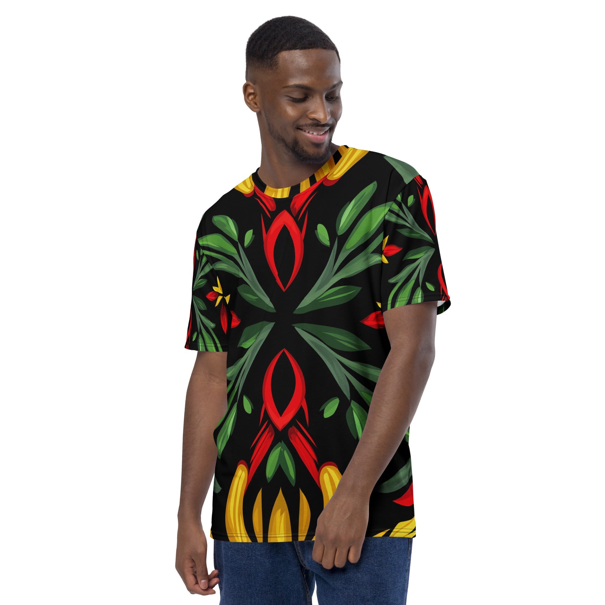 Royal Roots – African Floral Print T-Shirt, Bold Tribal Botanical Tee, Red, Yellow & Green Ethnic Pattern, Afro - Boho Fashion, Cultural Streetwear - Craig Michael Design
