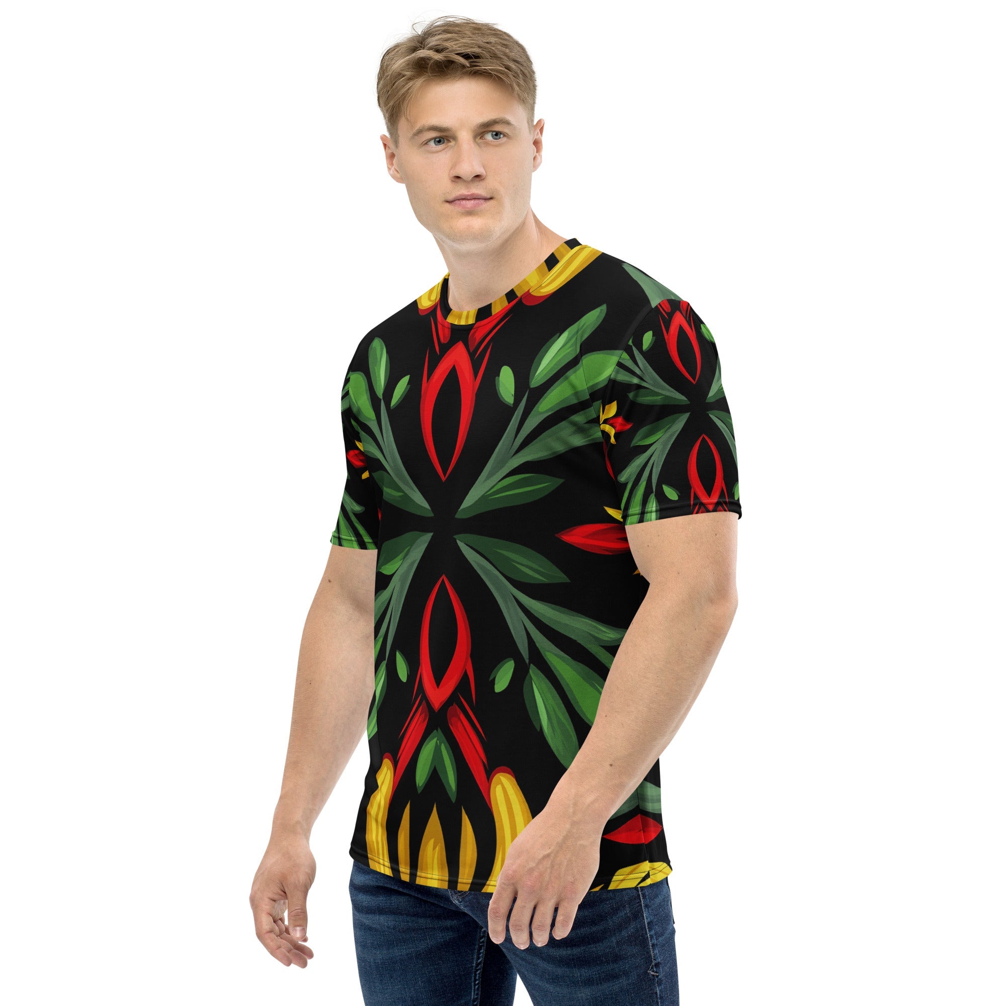 Royal Roots – African Floral Print T-Shirt, Bold Tribal Botanical Tee, Red, Yellow & Green Ethnic Pattern, Afro - Boho Fashion, Cultural Streetwear - Craig Michael Design
