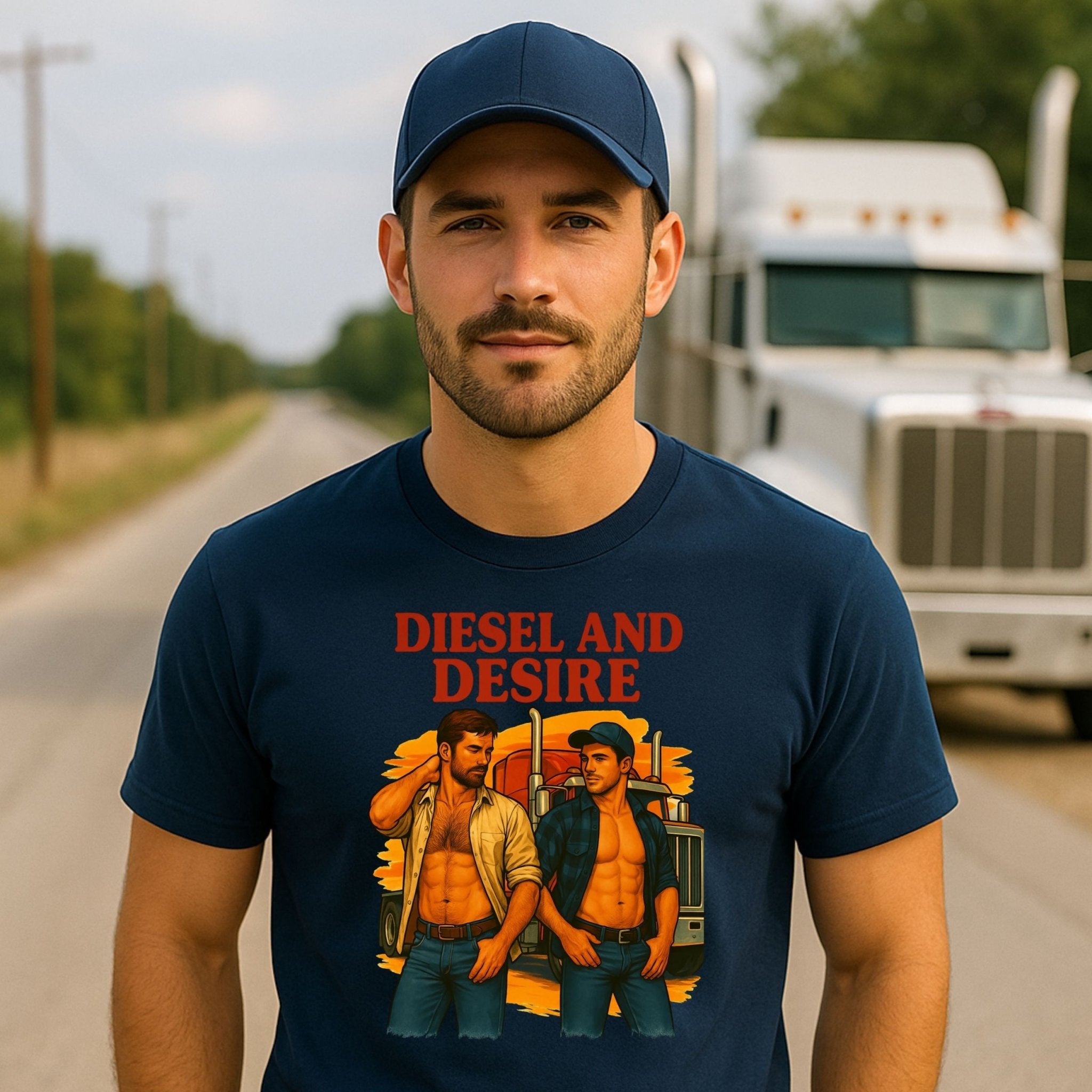 Sexy Gay Trucker Tee, Cinematic Roadside Daddy Shirt for Him, Diesel and Desire Gay T-Shirt - Craig Michael Design