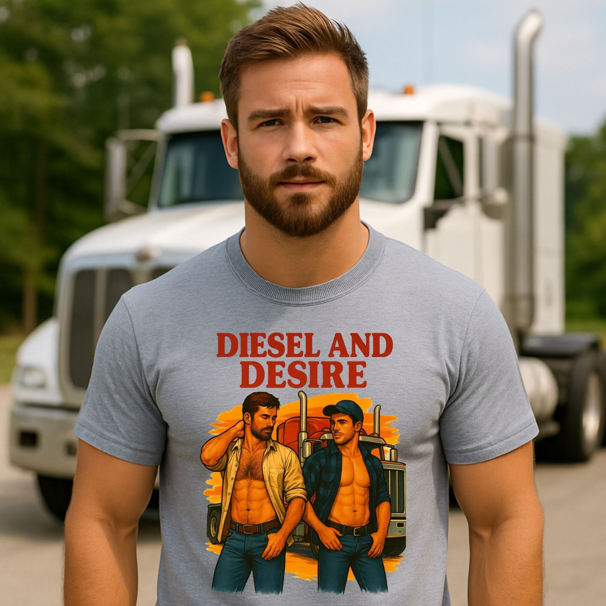 Sexy Gay Trucker Tee, Cinematic Roadside Daddy Shirt for Him, Diesel and Desire Gay T-Shirt - Craig Michael Design