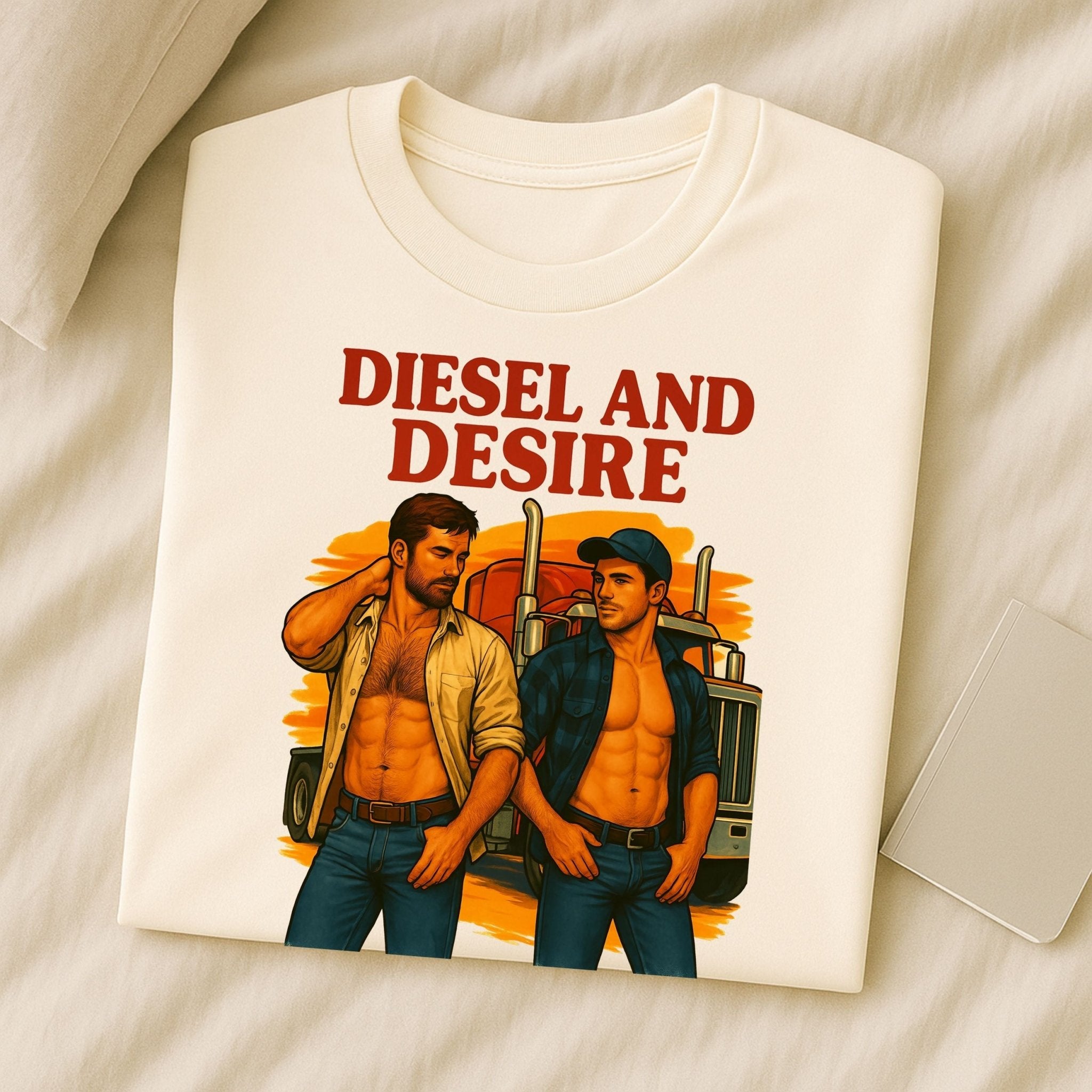Sexy Gay Trucker Tee, Cinematic Roadside Daddy Shirt for Him, Diesel and Desire Gay T-Shirt - Craig Michael Design